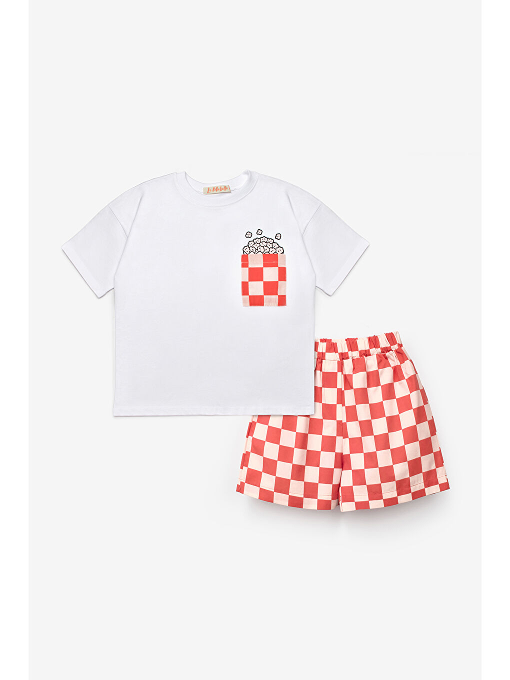 Kırmızı Popcorn Figürlü Dama Desenli Çocuk Tişört Şort İkili Takım - Cleo