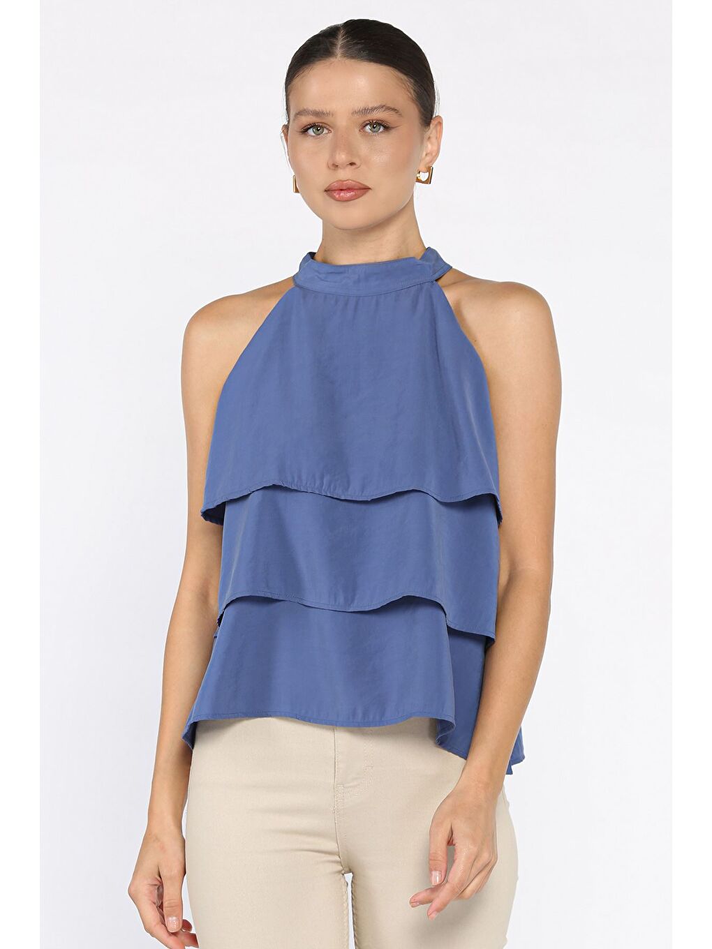 İndigo Sıfır Kol Kat Kat Kadın Bluz-1