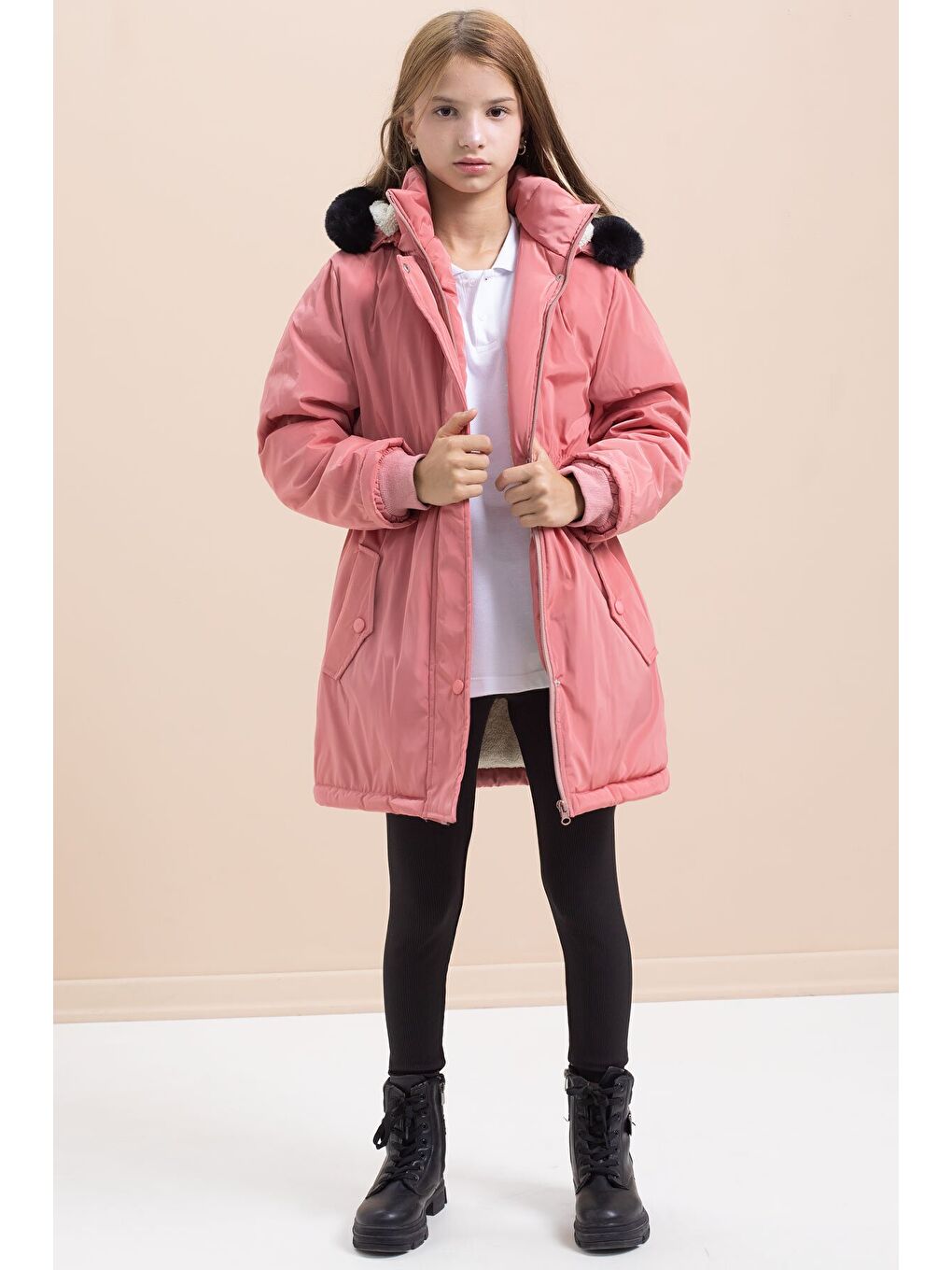 Pembe Gül Kurusu Çıtçıtlı Cepli Esnek Bel İçi Kürklü Kız Çocuk Kapüşonlu Mont 21309-1