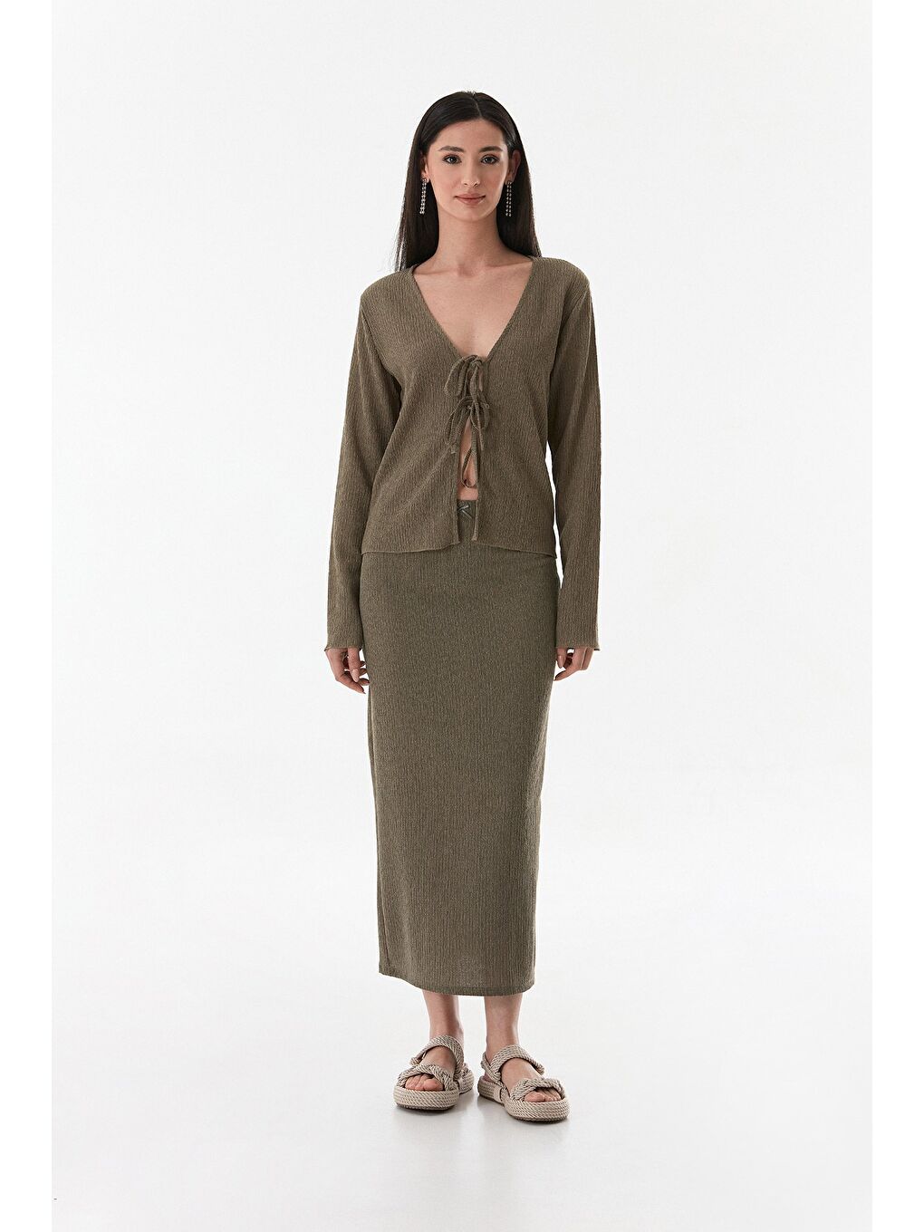 Haki Kurdele Detaylı Bürümcük Kumaş Kalem Etek