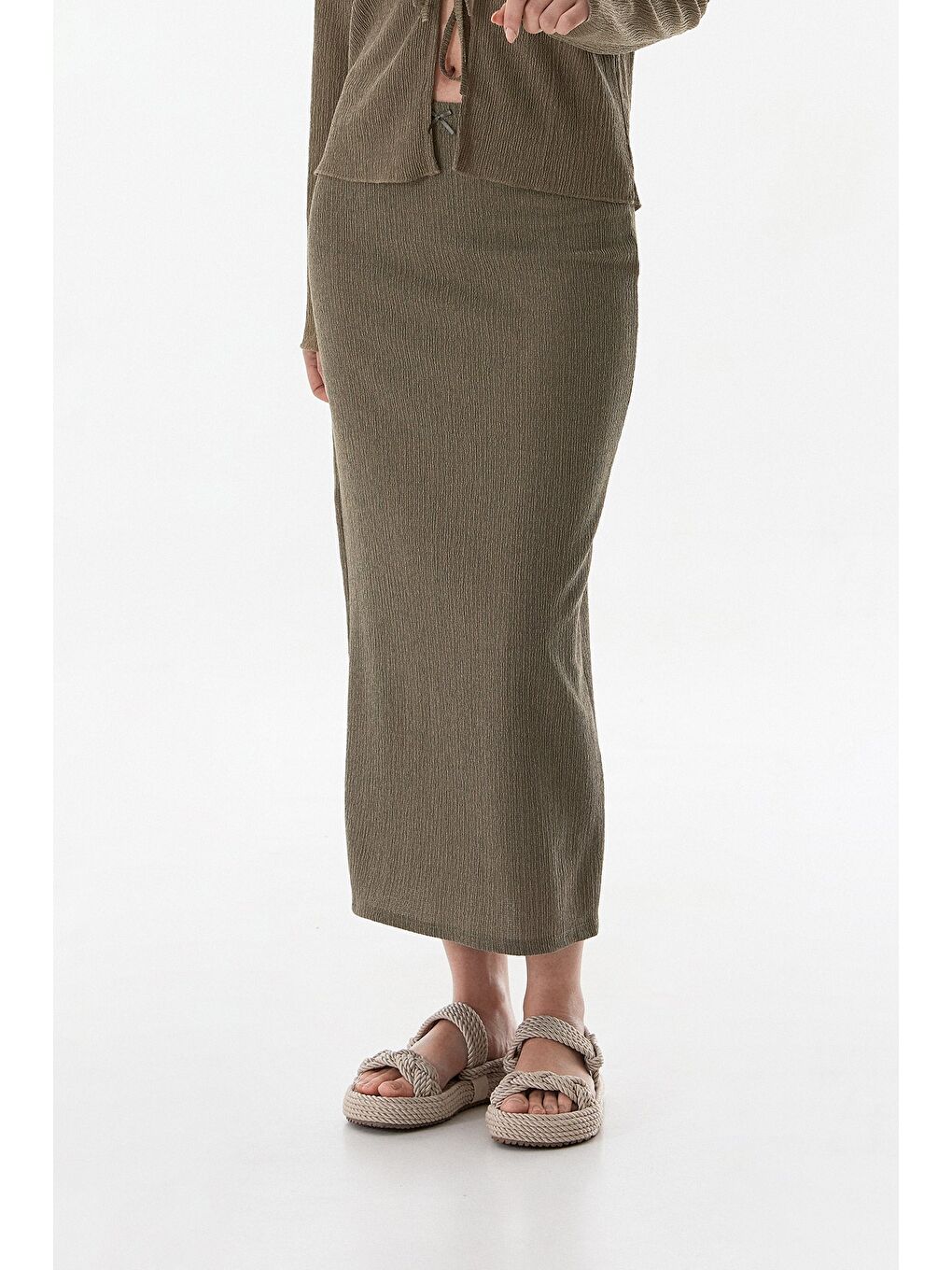 Haki Kurdele Detaylı Bürümcük Kumaş Kalem Etek-1