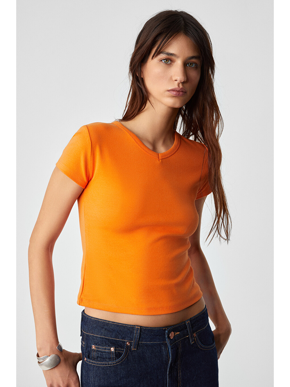 Masroutı Kadın Slim Kısa V Yaka Kısa Kol Turuncu T-shirt-2