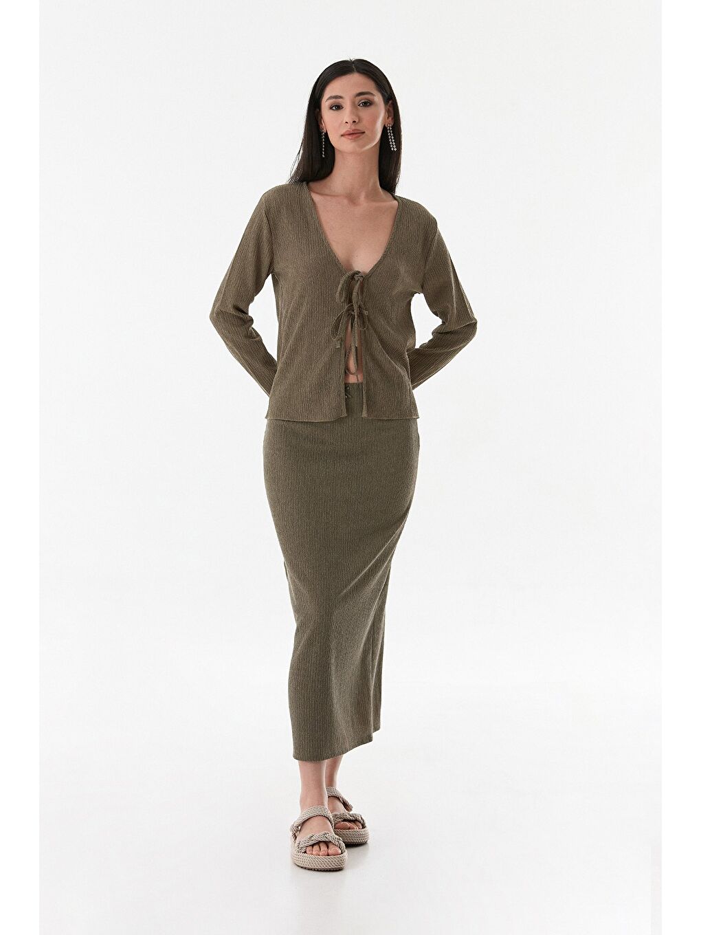 Haki Kurdele Detaylı Bürümcük Kumaş Kalem Etek-2