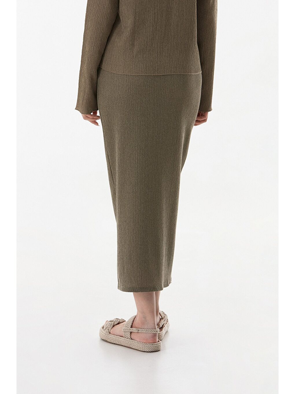 Haki Kurdele Detaylı Bürümcük Kumaş Kalem Etek-3