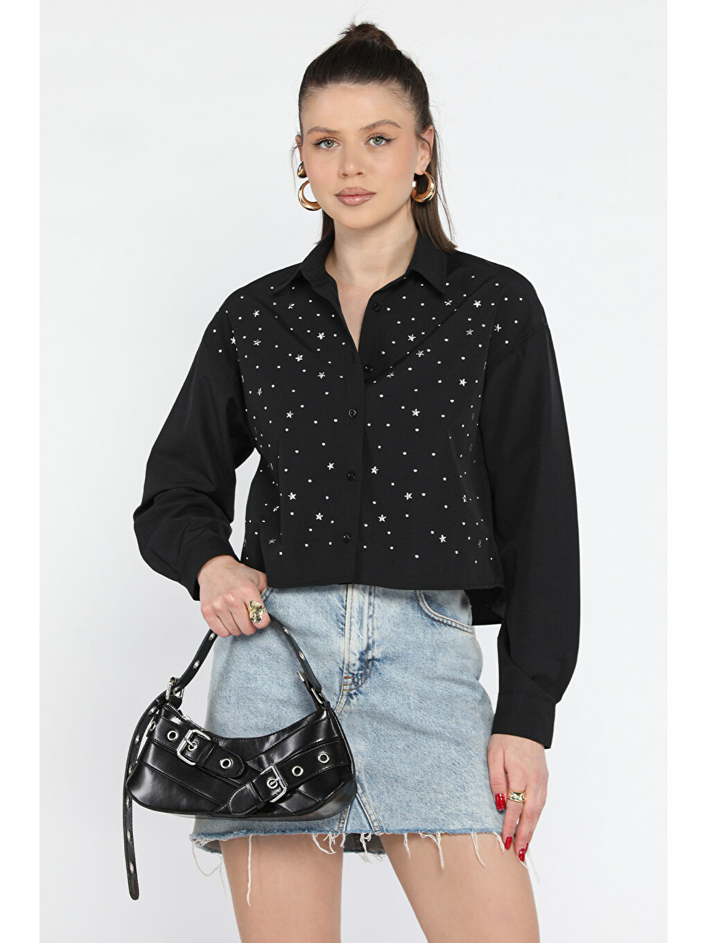 Siyah Taşlı Kadın Crop Top Gömlek