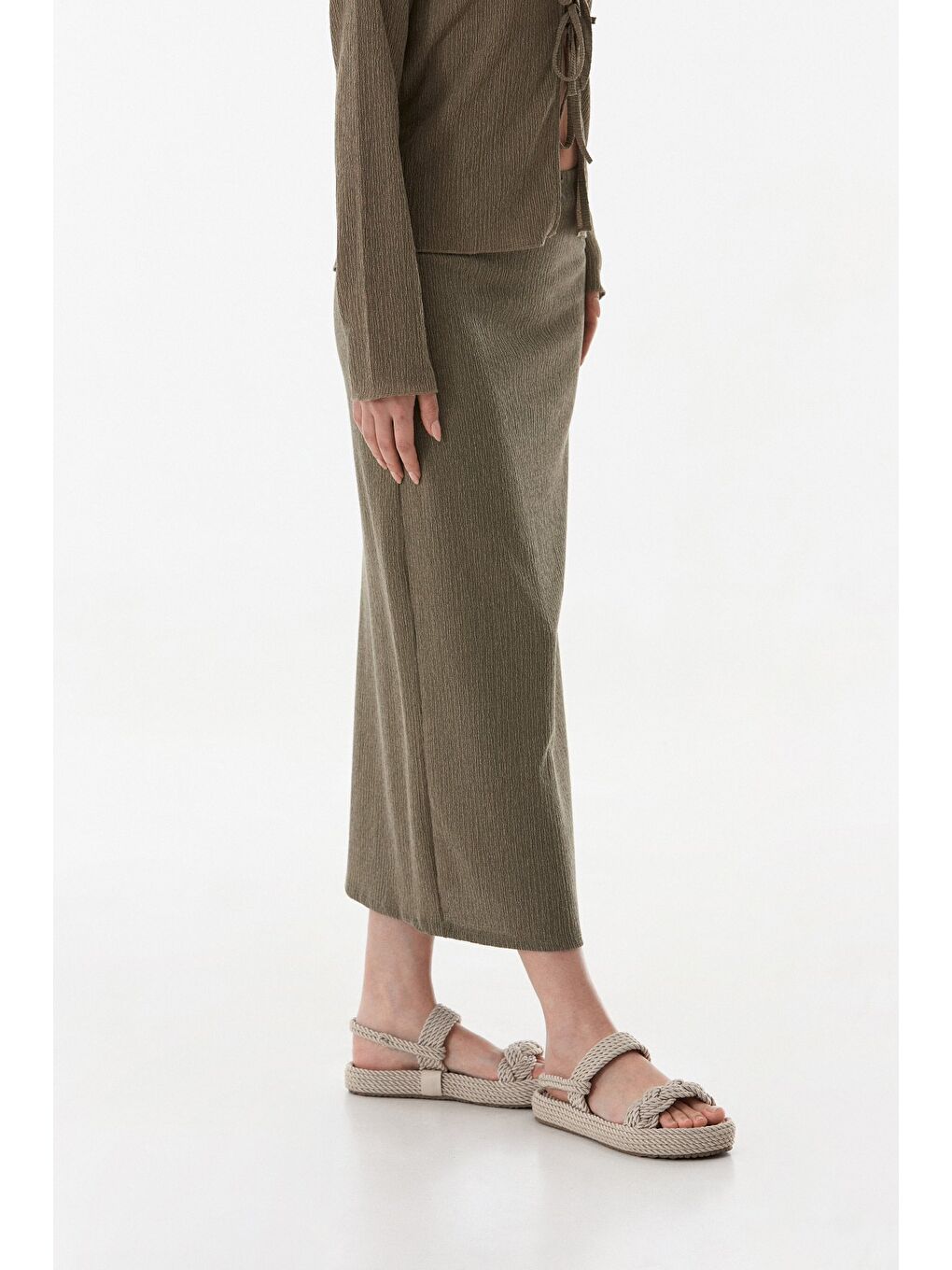 Haki Kurdele Detaylı Bürümcük Kumaş Kalem Etek-4