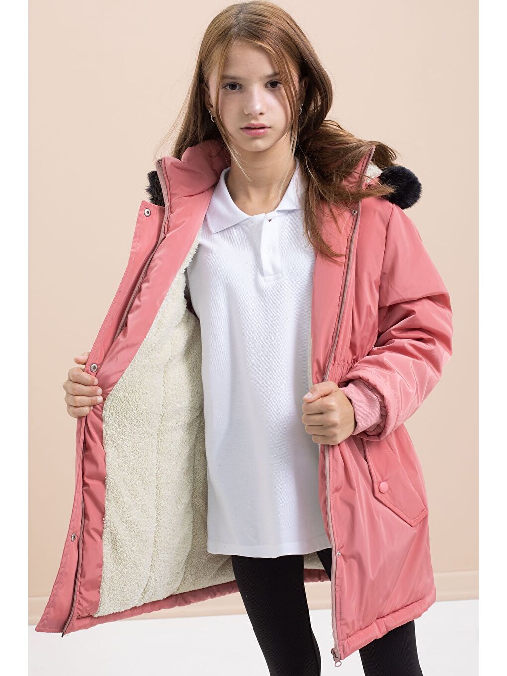 Pembe Gül Kurusu Çıtçıtlı Cepli Esnek Bel İçi Kürklü Kız Çocuk Kapüşonlu Mont 21309-2