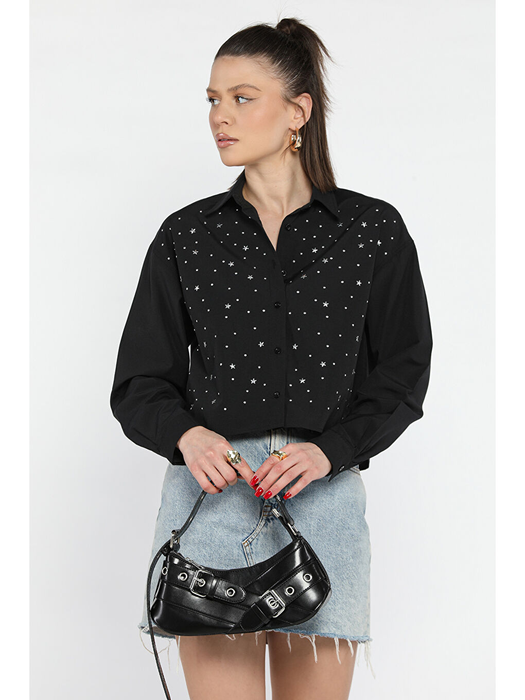 Siyah Taşlı Kadın Crop Top Gömlek-1