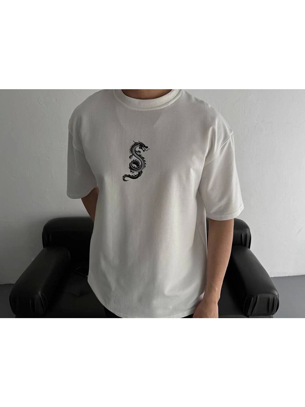 Baskılı Oversize Bisiklet Yaka T-shirt - Beyaz-1