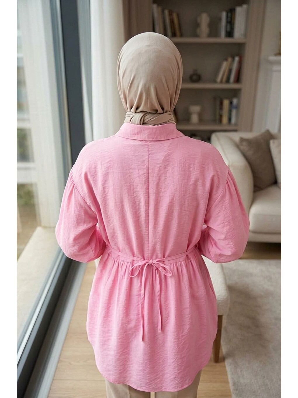 Pembe Gülseli Tesettür Gömlek-1