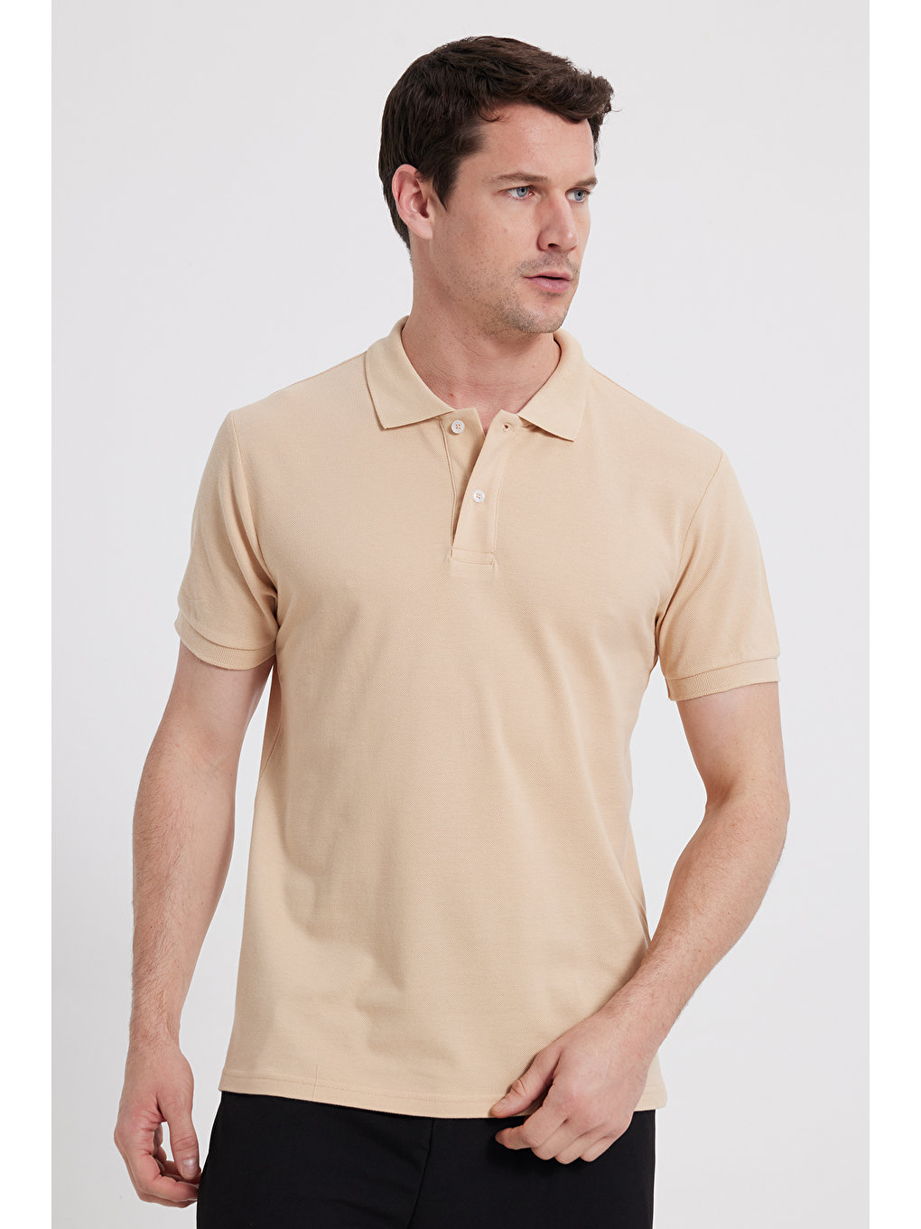 Slim Fit Dar Kesim %100 Pamuk Erkek Polo Yaka Bej Tişört-1
