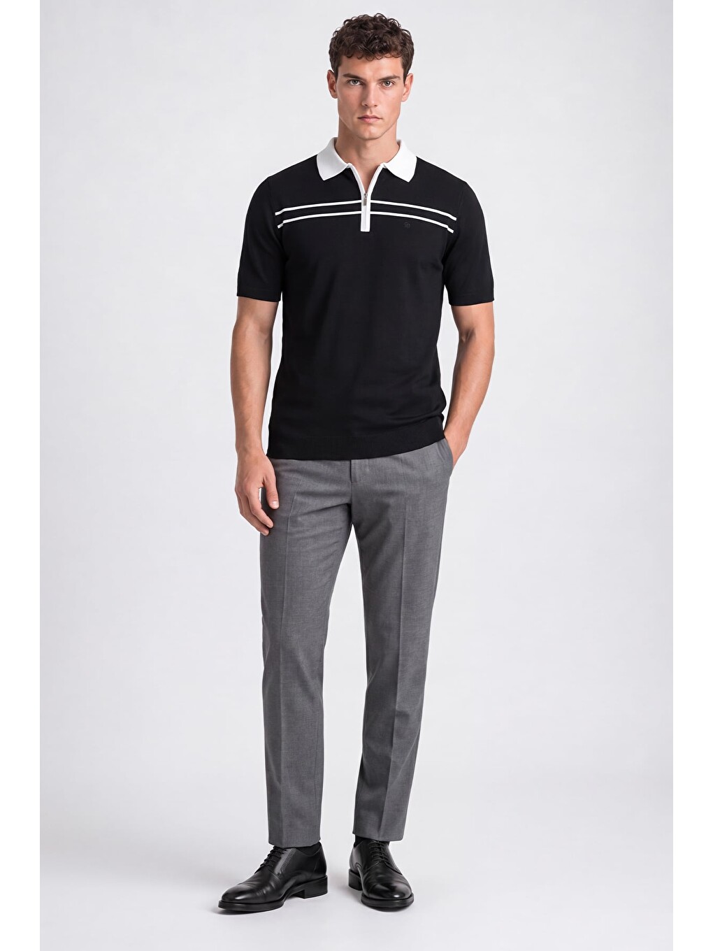 Siyah Regular Fit Fermuarlı Polo Yaka Örme Triko T-shirt-1