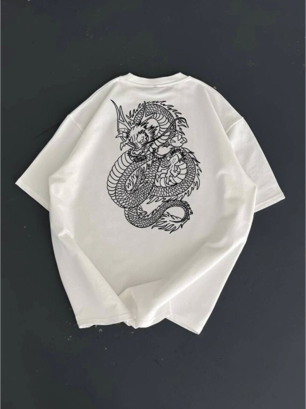 Baskılı Oversize Bisiklet Yaka T-shirt - Beyaz-2