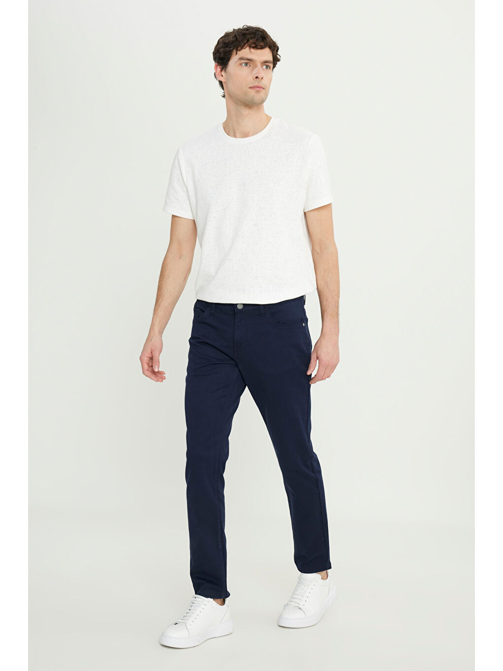 Erkek Lacivert Pamuklu Slim Fit Dar Kesim 5 Cepli Armürlü Esnek Casual Pantolon