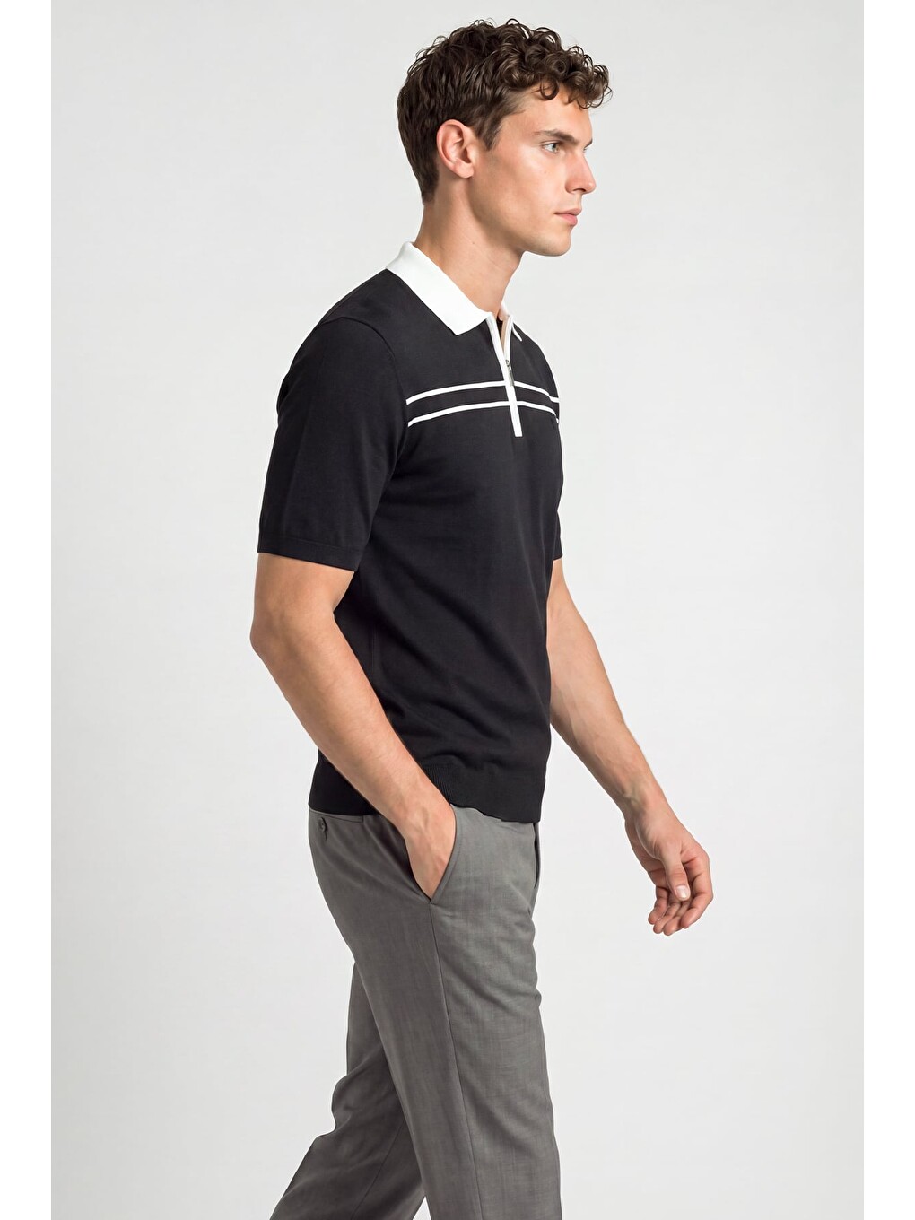 Siyah Regular Fit Fermuarlı Polo Yaka Örme Triko T-shirt-2