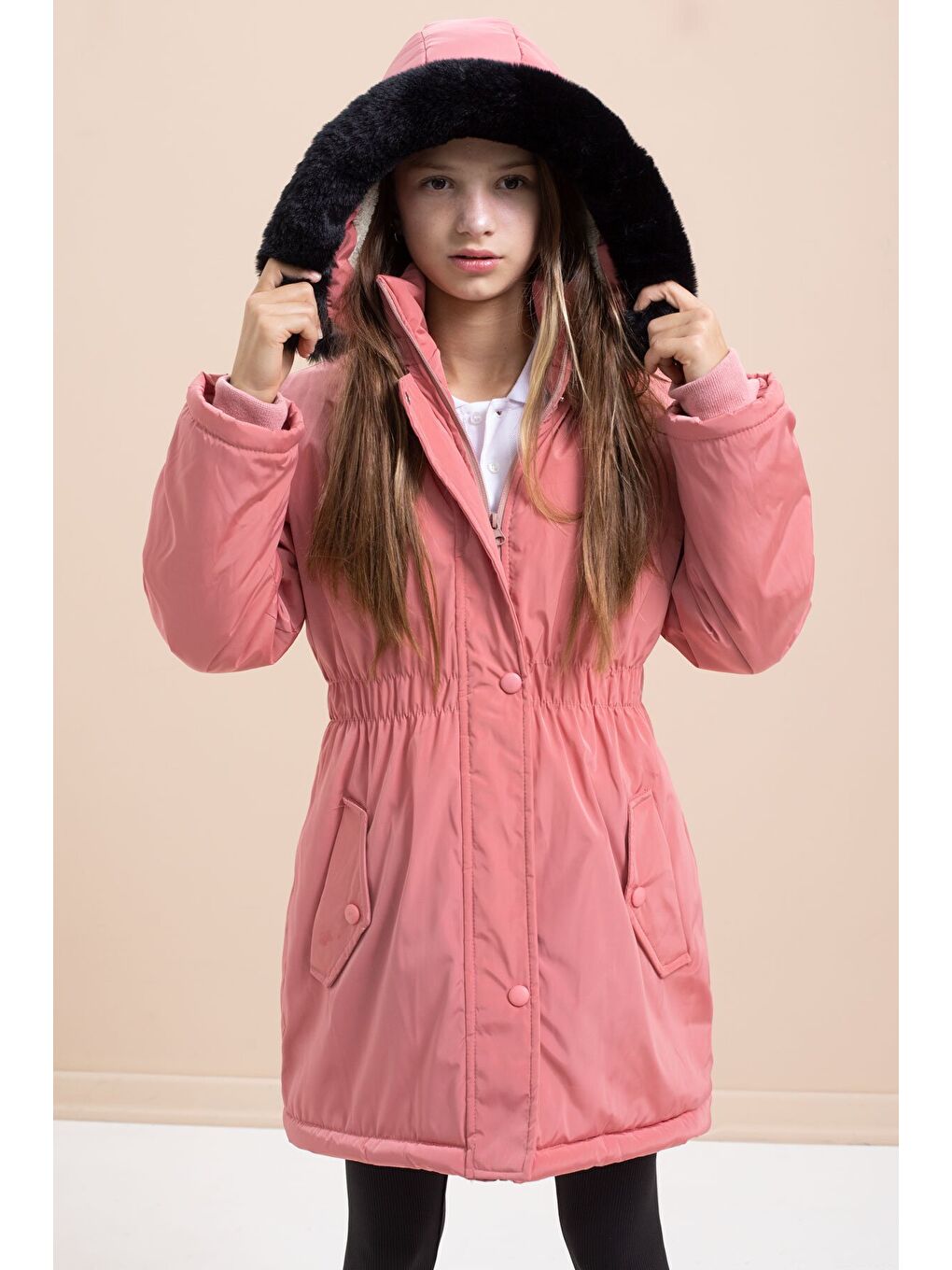 Pembe Gül Kurusu Çıtçıtlı Cepli Esnek Bel İçi Kürklü Kız Çocuk Kapüşonlu Mont 21309-3