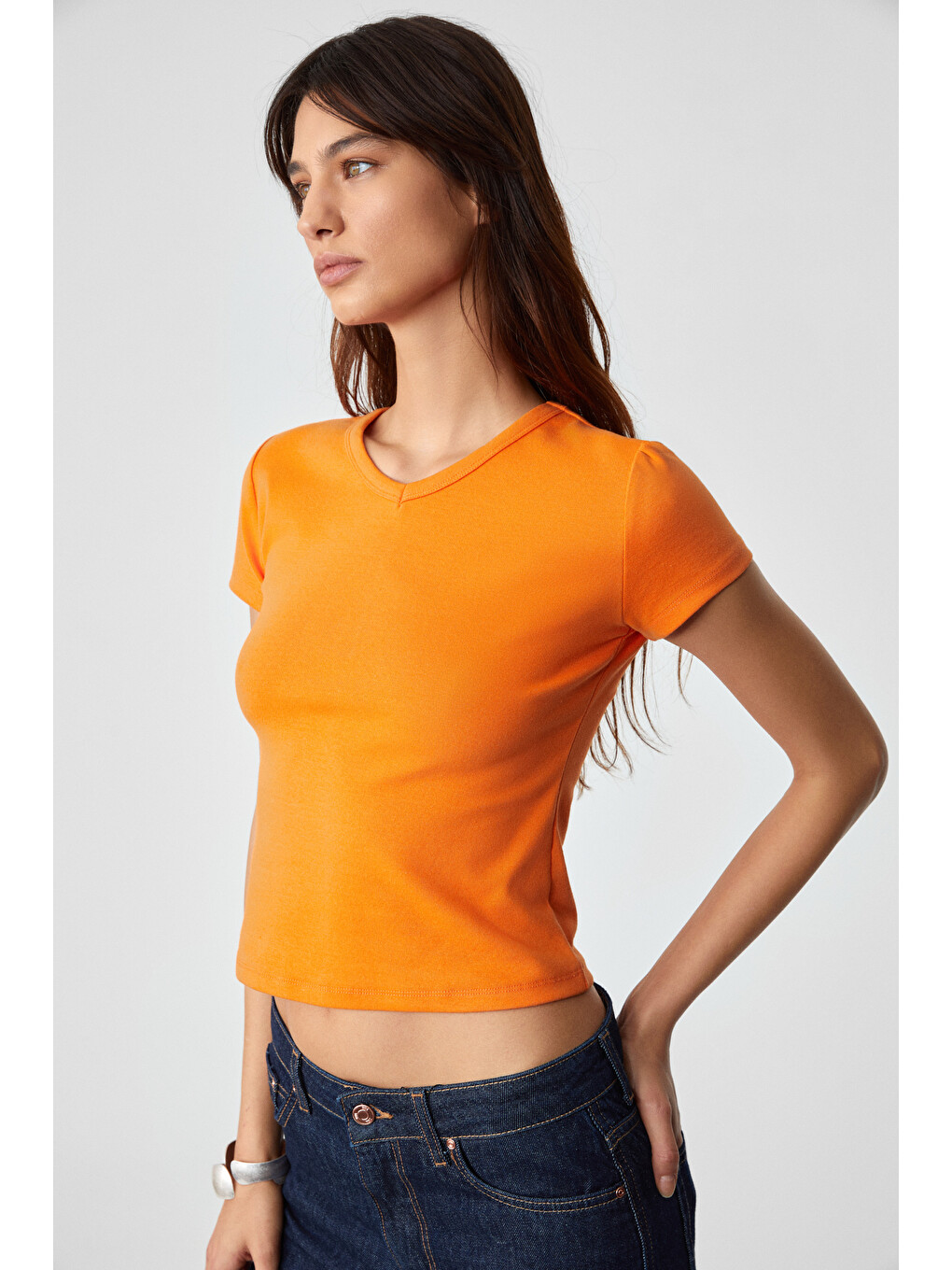 Masroutı Kadın Slim Kısa V Yaka Kısa Kol Turuncu T-shirt-3