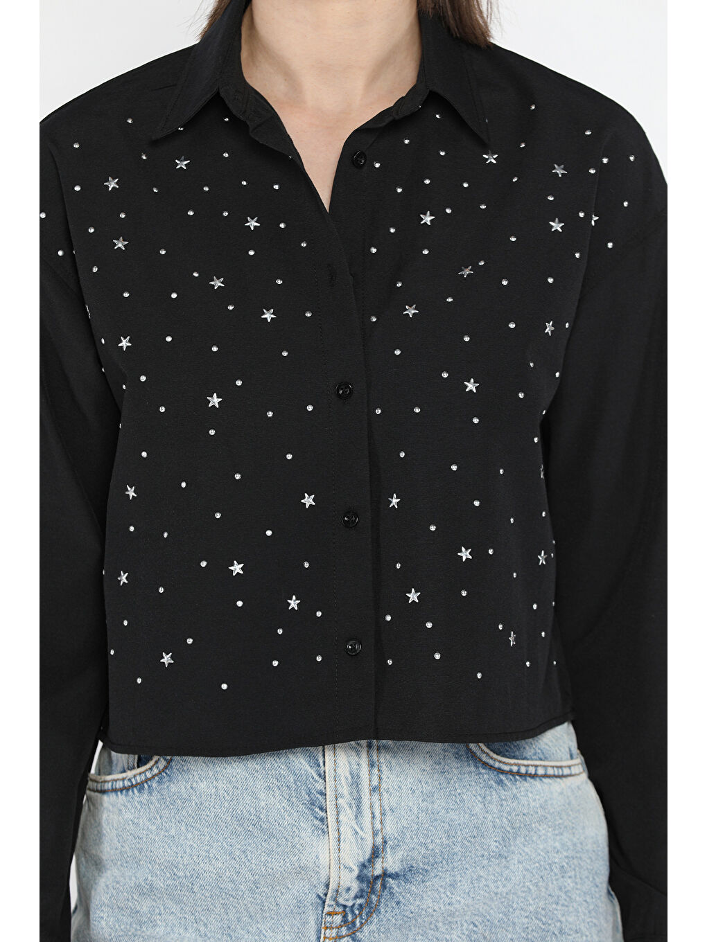 Siyah Taşlı Kadın Crop Top Gömlek-2