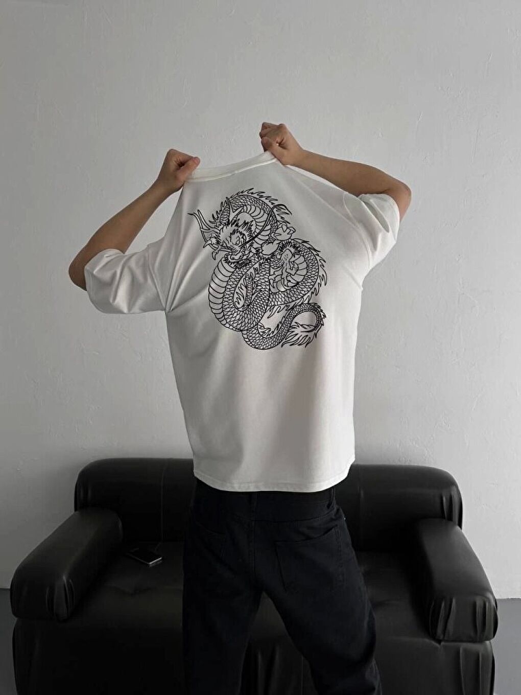 Baskılı Oversize Bisiklet Yaka T-shirt - Beyaz-3