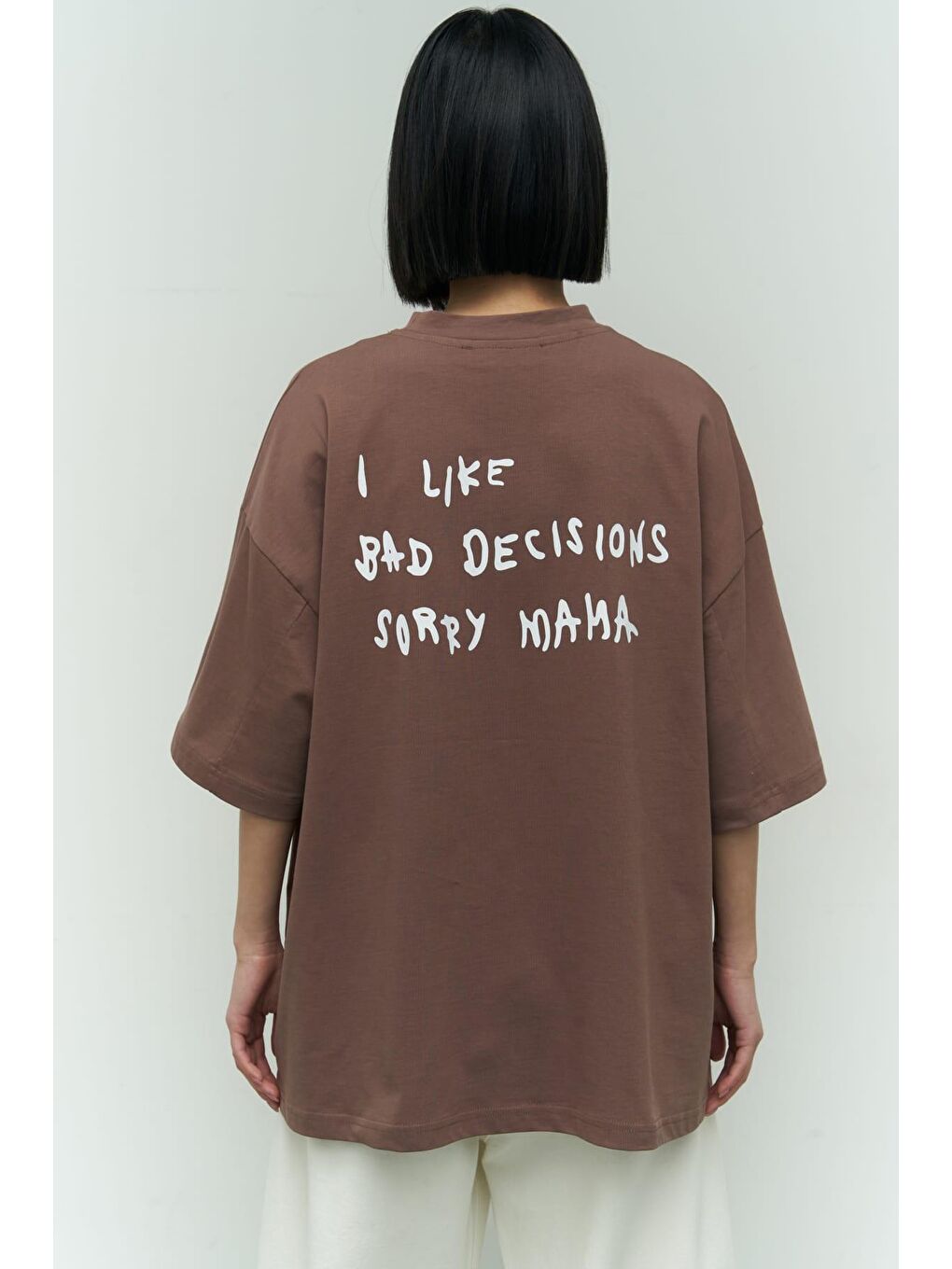 Mai Collection Kahverengi I Like Mama Kahve Oversize T-Shirt