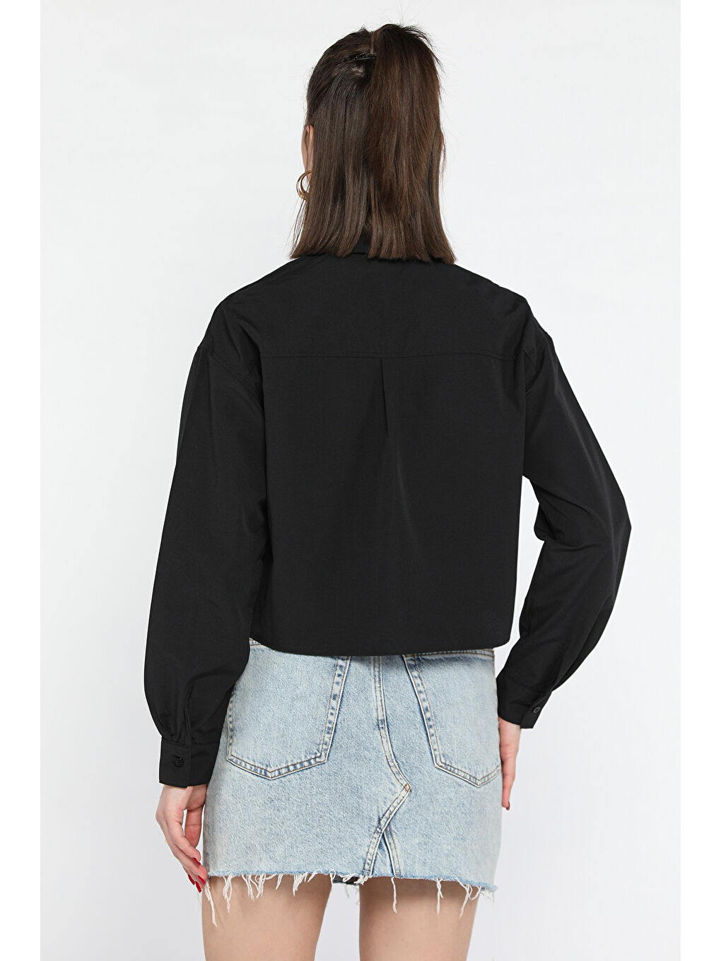 Siyah Taşlı Kadın Crop Top Gömlek-3