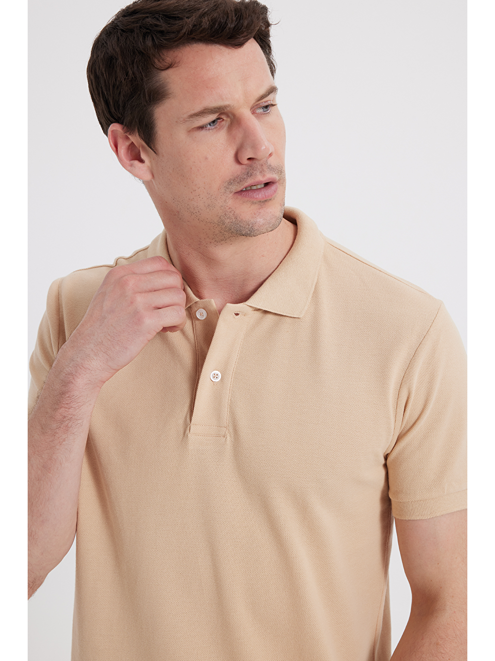 Slim Fit Dar Kesim %100 Pamuk Erkek Polo Yaka Bej Tişört-2