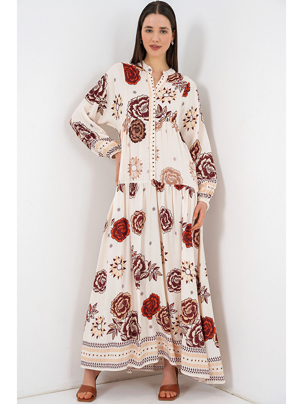 Kadın Desenli Uzun Tesettür Elbise 2585 - Z.Bej