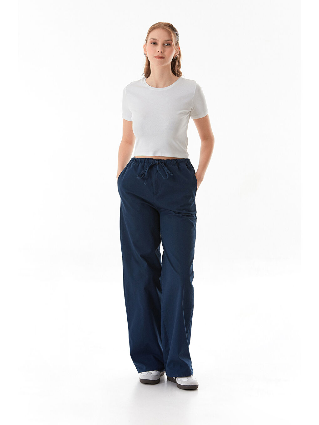 Lacivert Beli Lastikli Cepli Gabardin Palazzo Pantolon