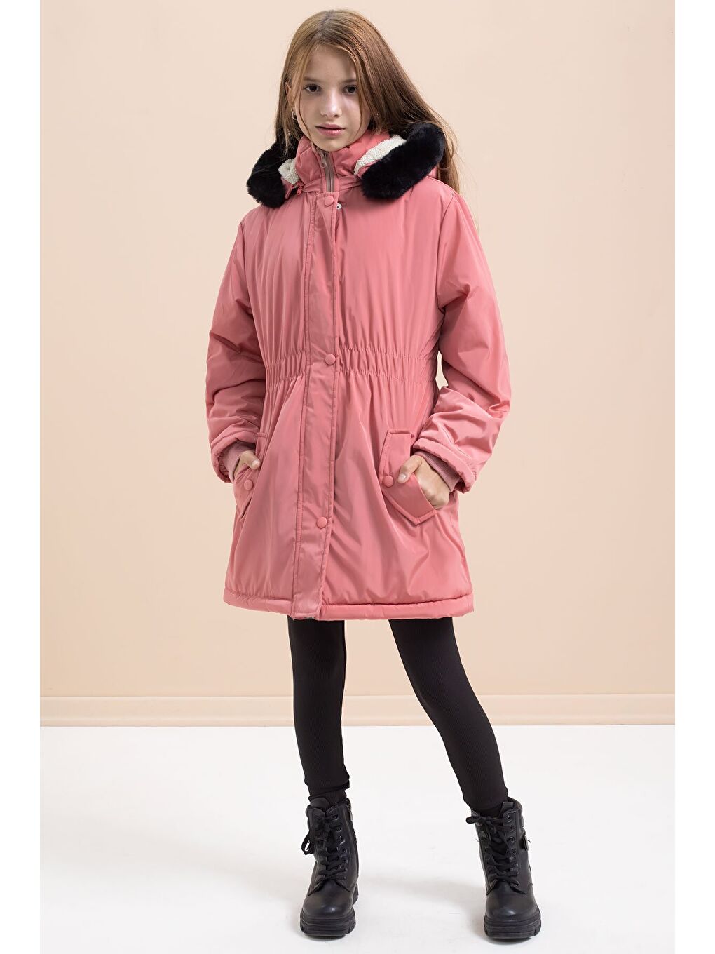 Pembe Gül Kurusu Çıtçıtlı Cepli Esnek Bel İçi Kürklü Kız Çocuk Kapüşonlu Mont 21309-4