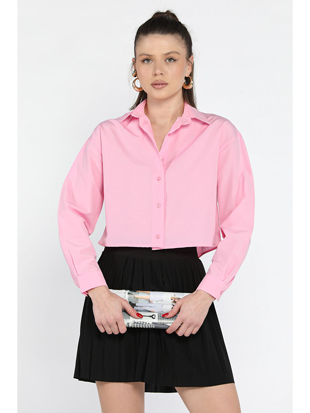 Pembe Uzun Kol Kadın Crop Top Gömlek-1