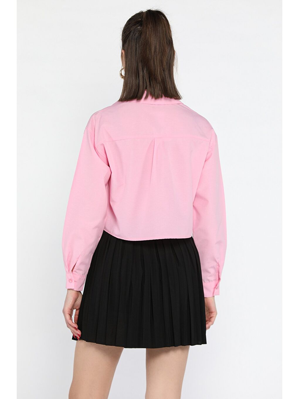 Pembe Uzun Kol Kadın Crop Top Gömlek-2