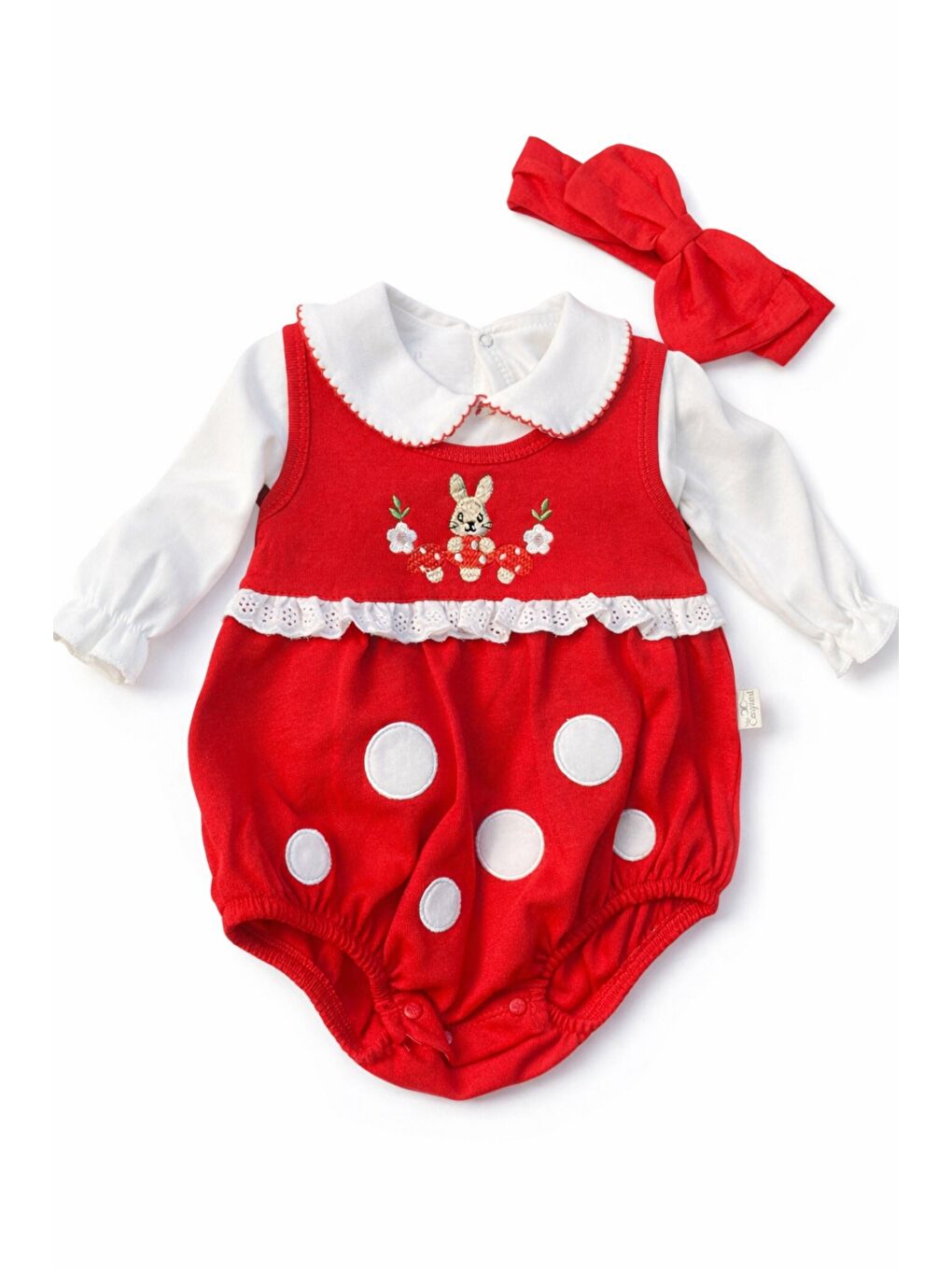 Kırmızı Kız Bebek Tavşanlı Dantelli 3lü Romper Elbise Takımı Saç Bandı Dahil