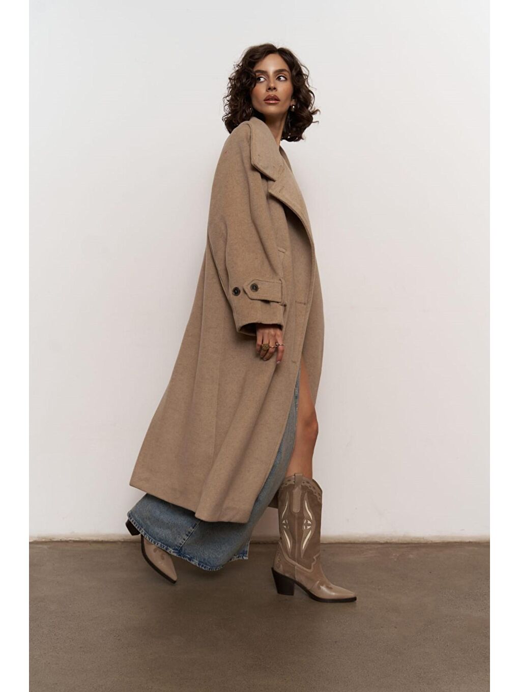 Bej Onyx Taupe Kaşe Kaban-5