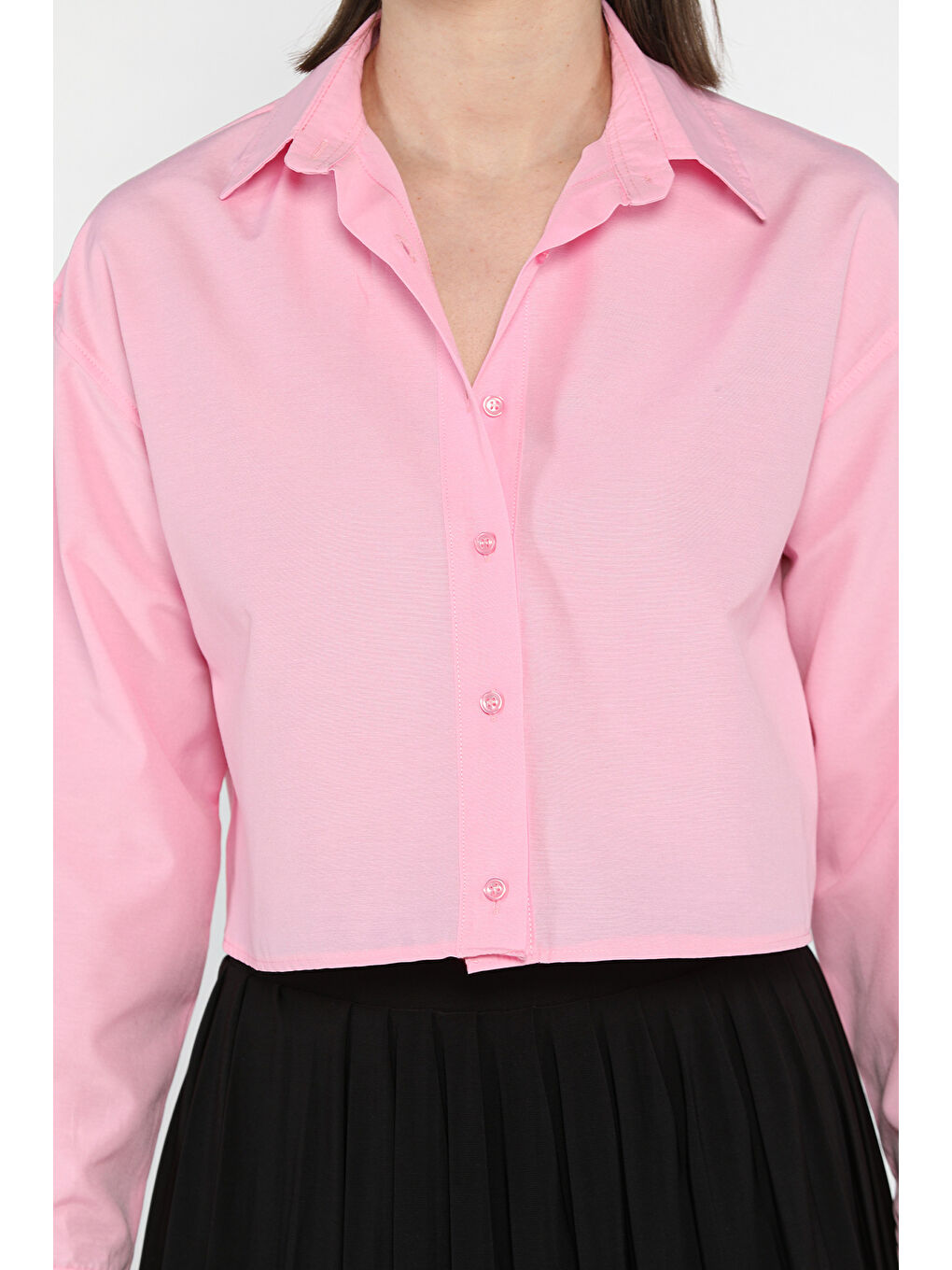 Pembe Uzun Kol Kadın Crop Top Gömlek-3