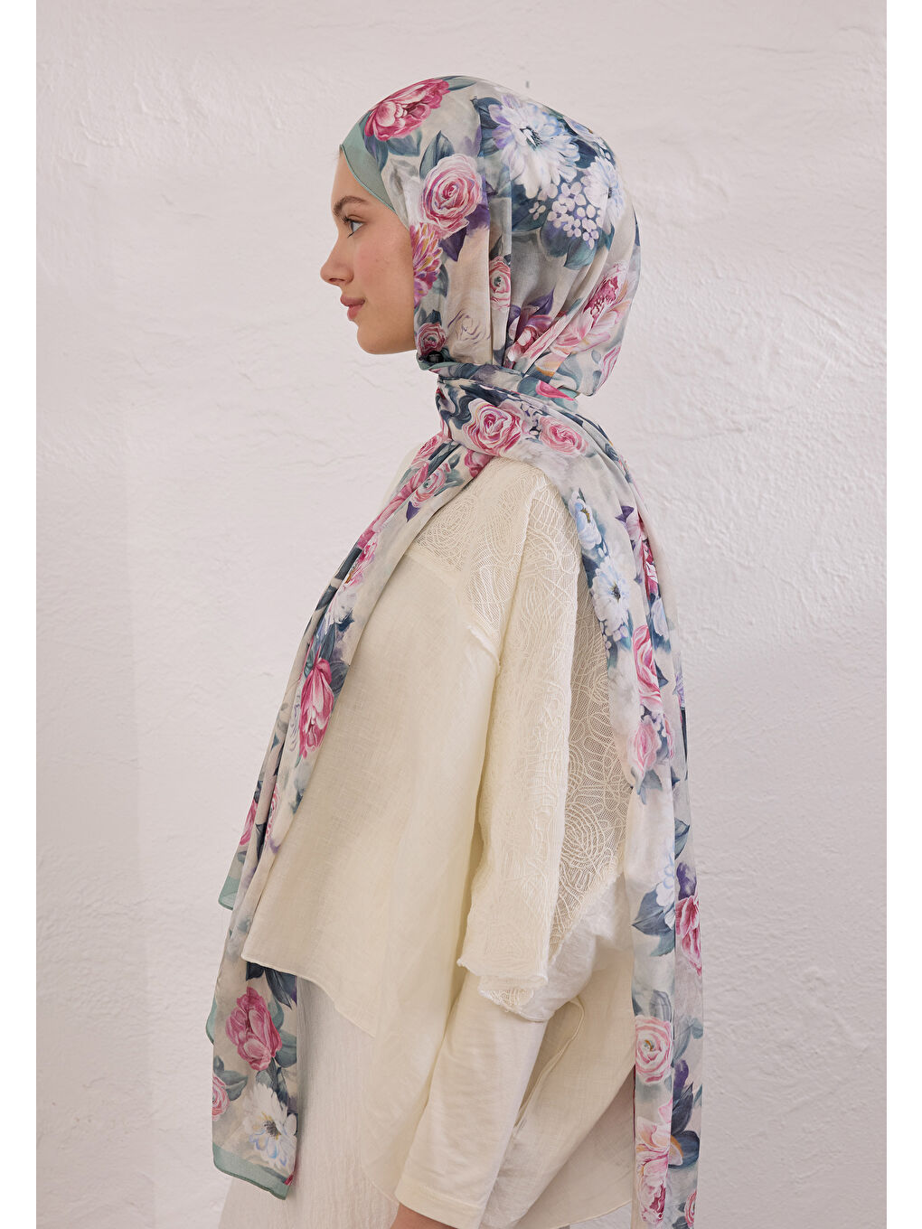 Mavi MAGNOLIA DESEN RAMİ ŞAL SOFT YEŞİL-2