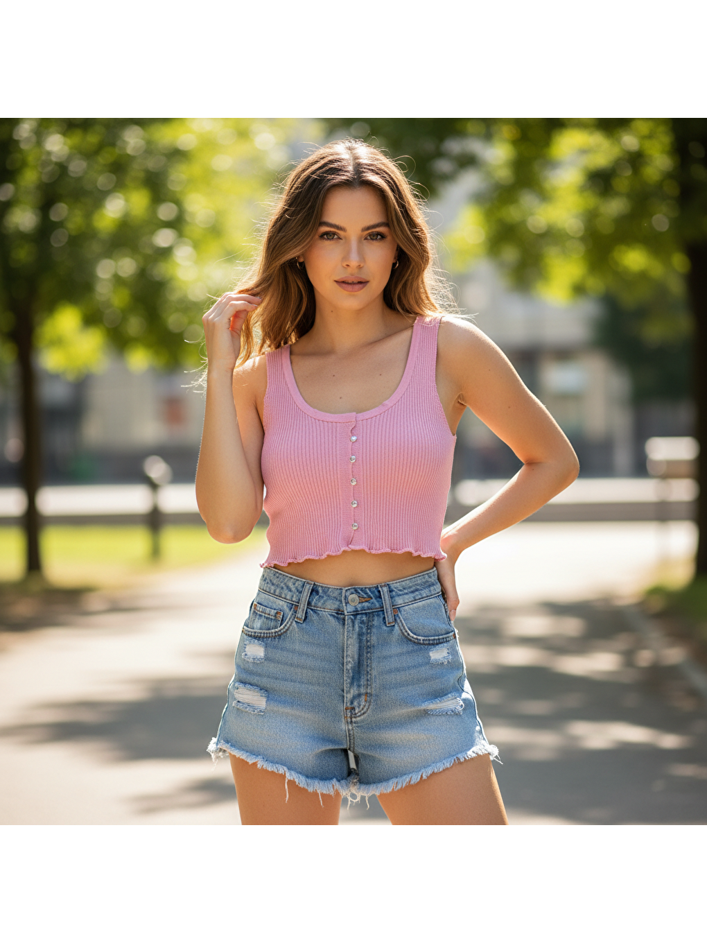 Kadın Triko Kalın Askılı Pembe Renk Crop Tshirt Bb2746-5