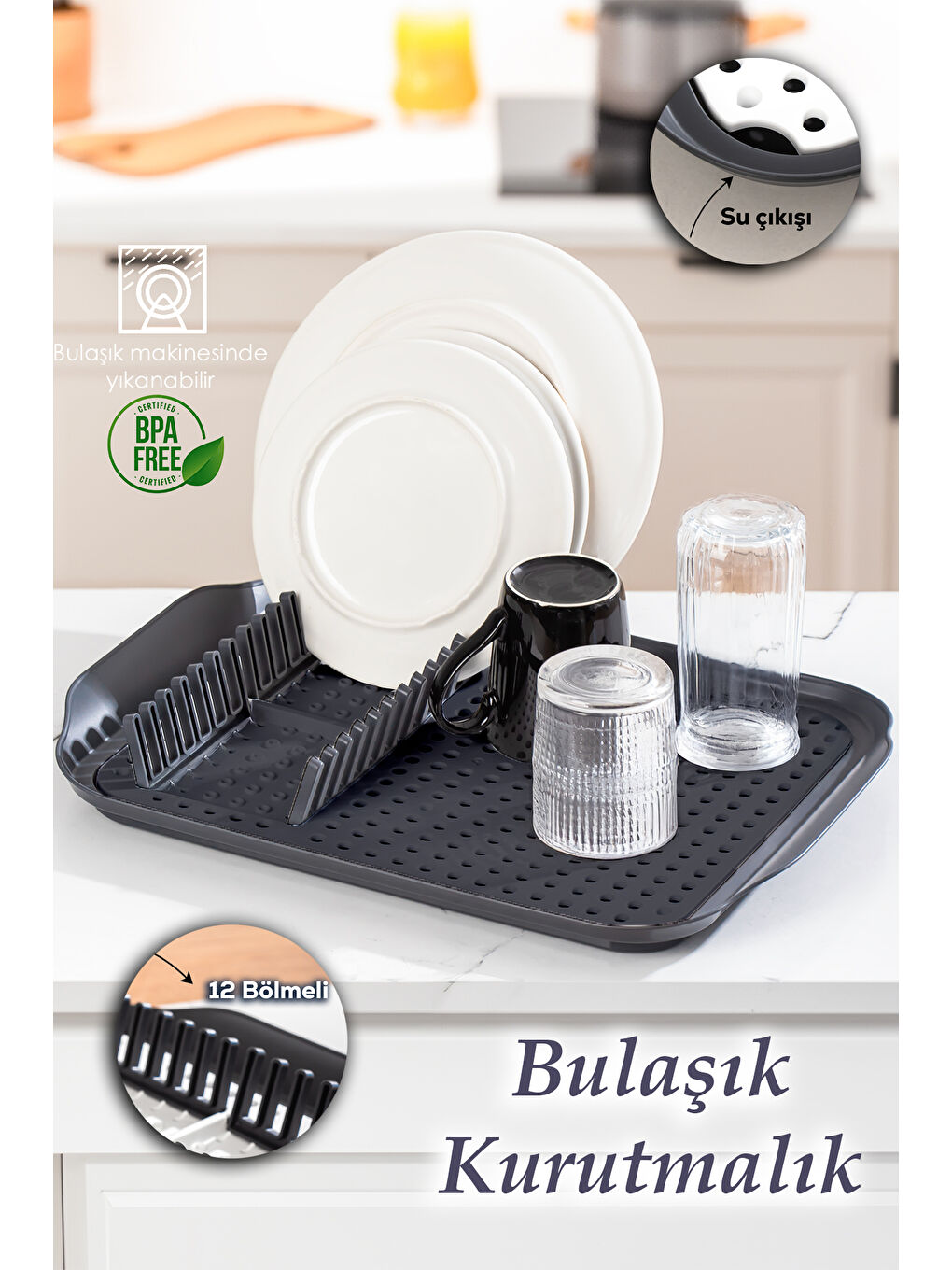 Antrasit 1213 Çok Amaçlı Bulaşık Tepsisi Bulaşıklık Tezgah Üstü Kurutmalık Durulama Matı Bulaşık Sepeti