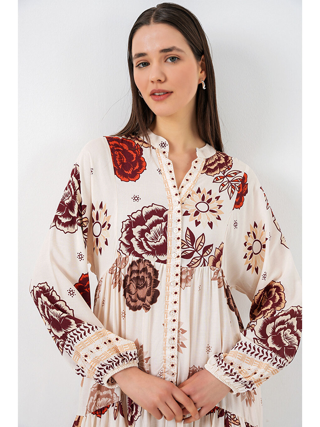 Kadın Desenli Uzun Tesettür Elbise 2585 - Z.Bej-1