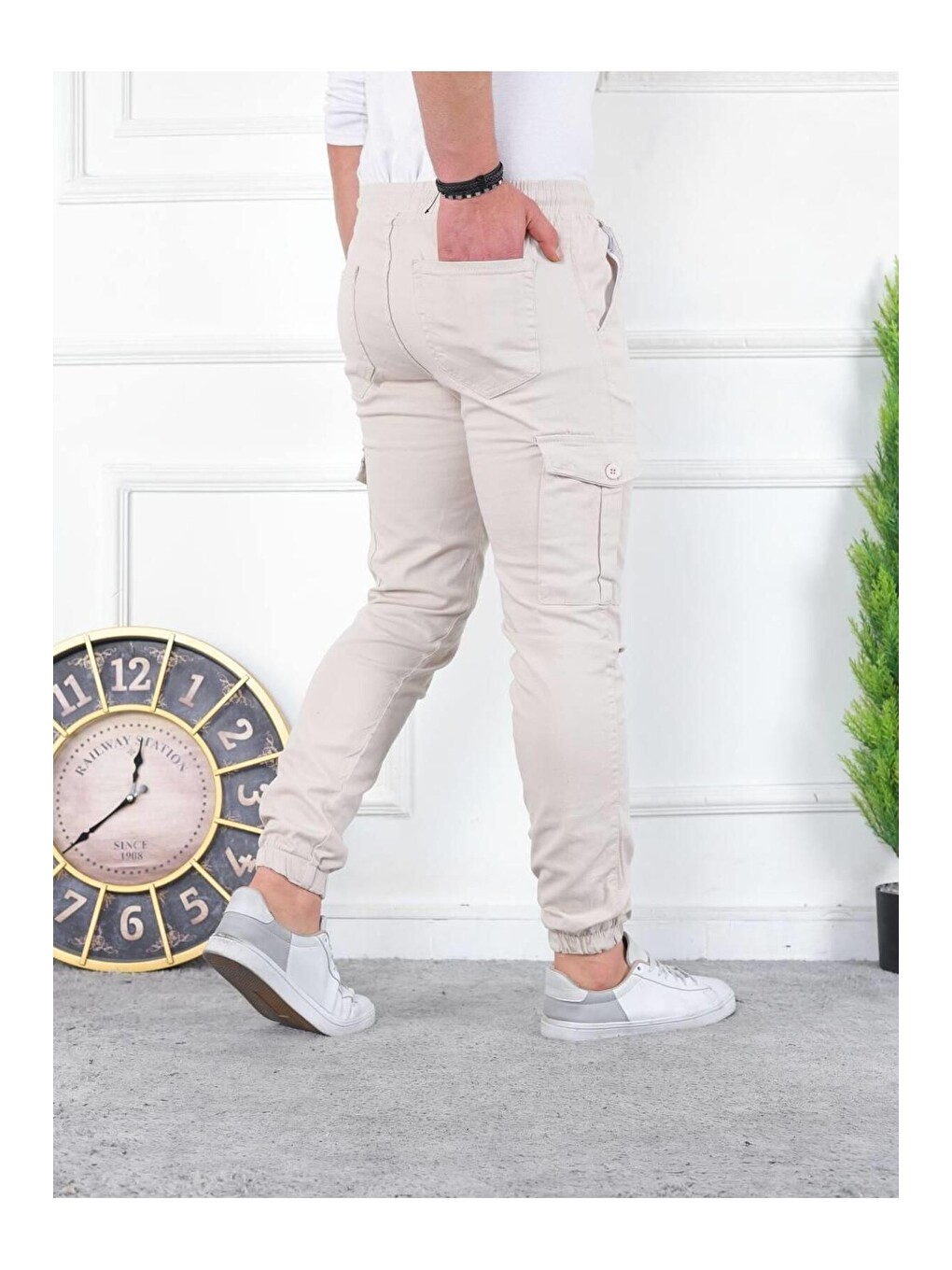 Bej Erkek Yıkamalı Elastanlı Kumaş Kargo Bel Paça Lastikli-2