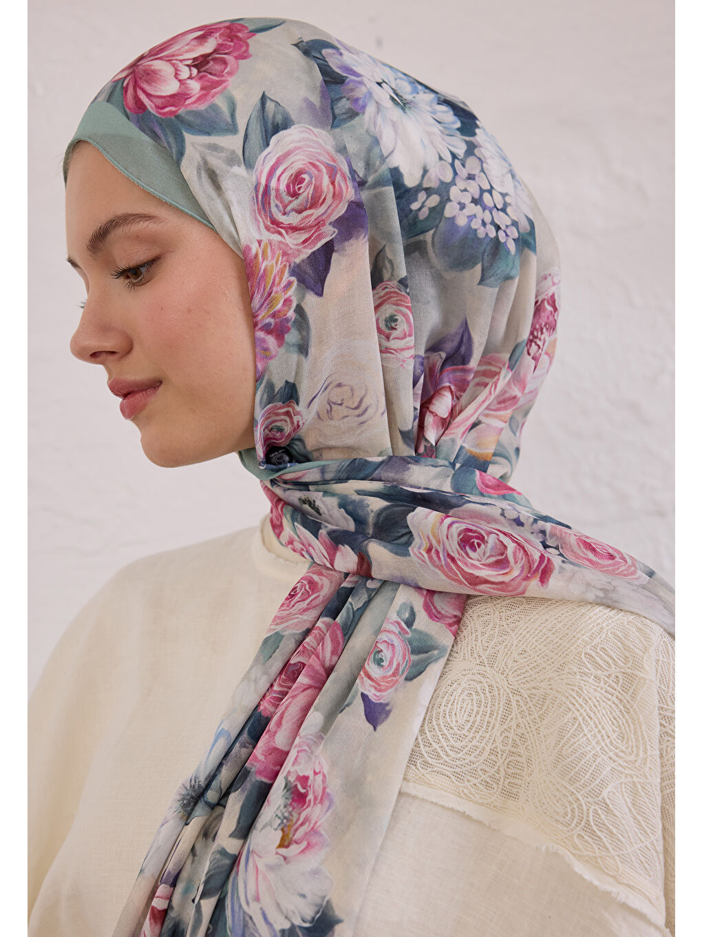 Mavi MAGNOLIA DESEN RAMİ ŞAL SOFT YEŞİL-3