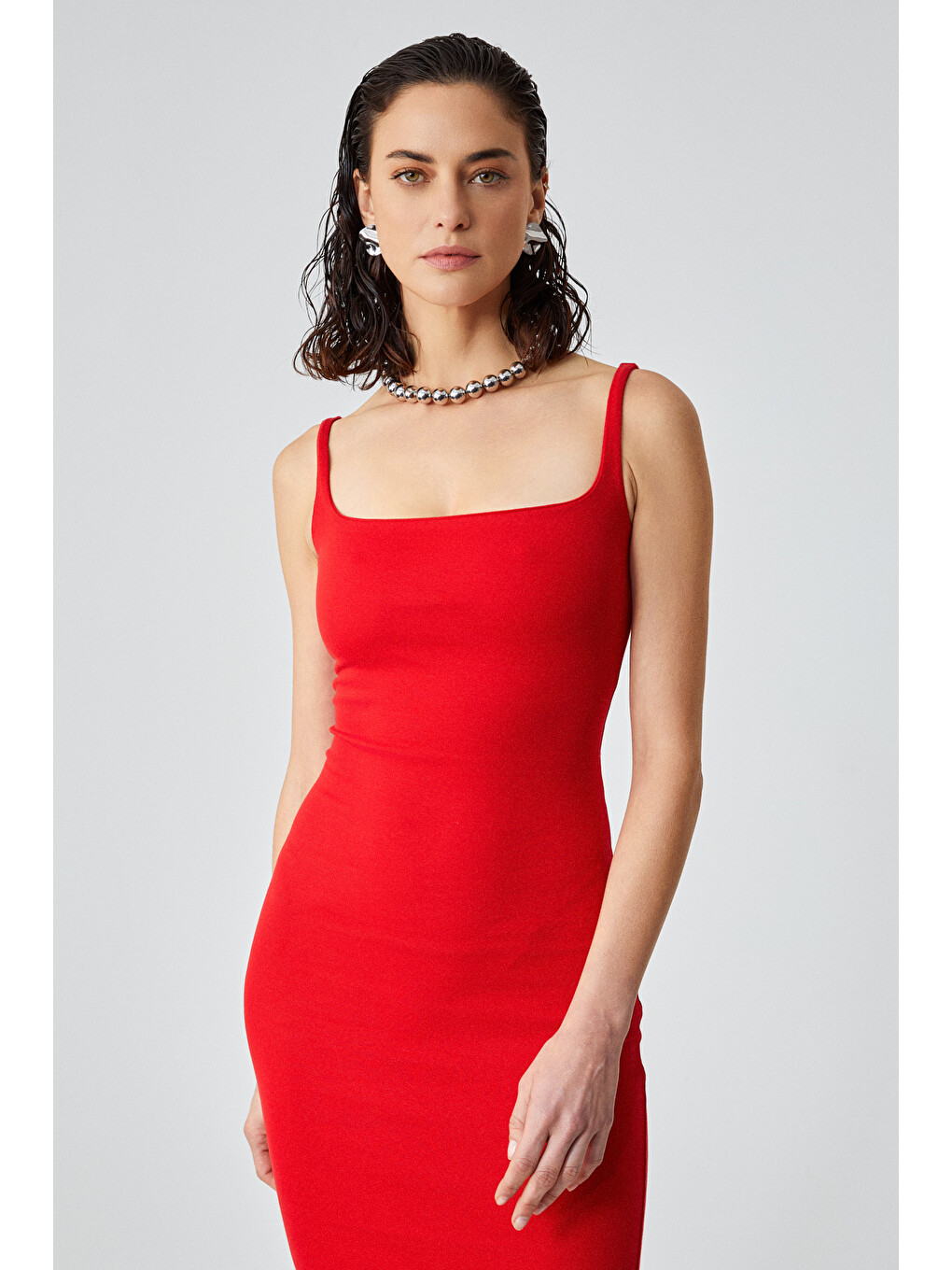 Rınıa Kadın Slim Fit Geniş Yaka Askılı Kırmızı Elbise-2