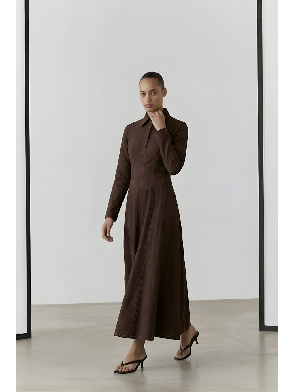 Kahverengi LENA | Parçalı Denim Elbise Kahve-1