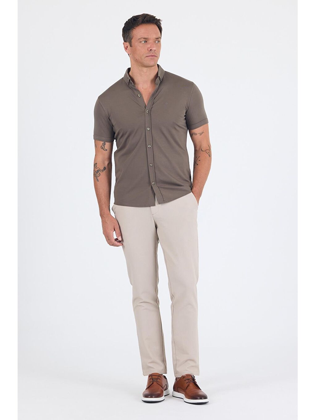 Koyu Haki İtalyan Düğmeli Yaka Kısa Kol Cepsiz Slim Fit Büyük Beden Gömlek 1004250255-1