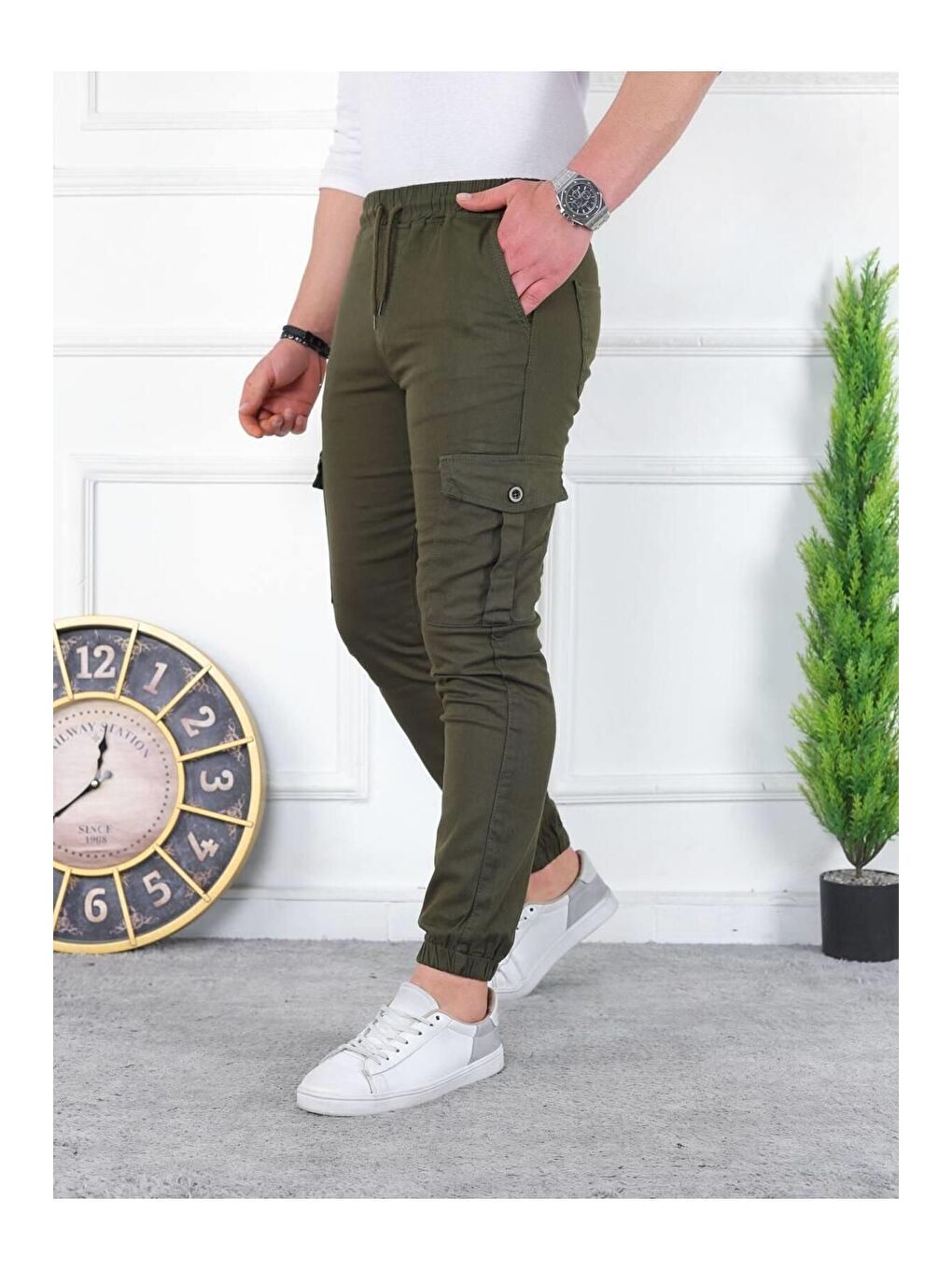 Haki Erkek Yıkamalı Elastanlı Kumaş Kargo Bel Paça Lastikli-1