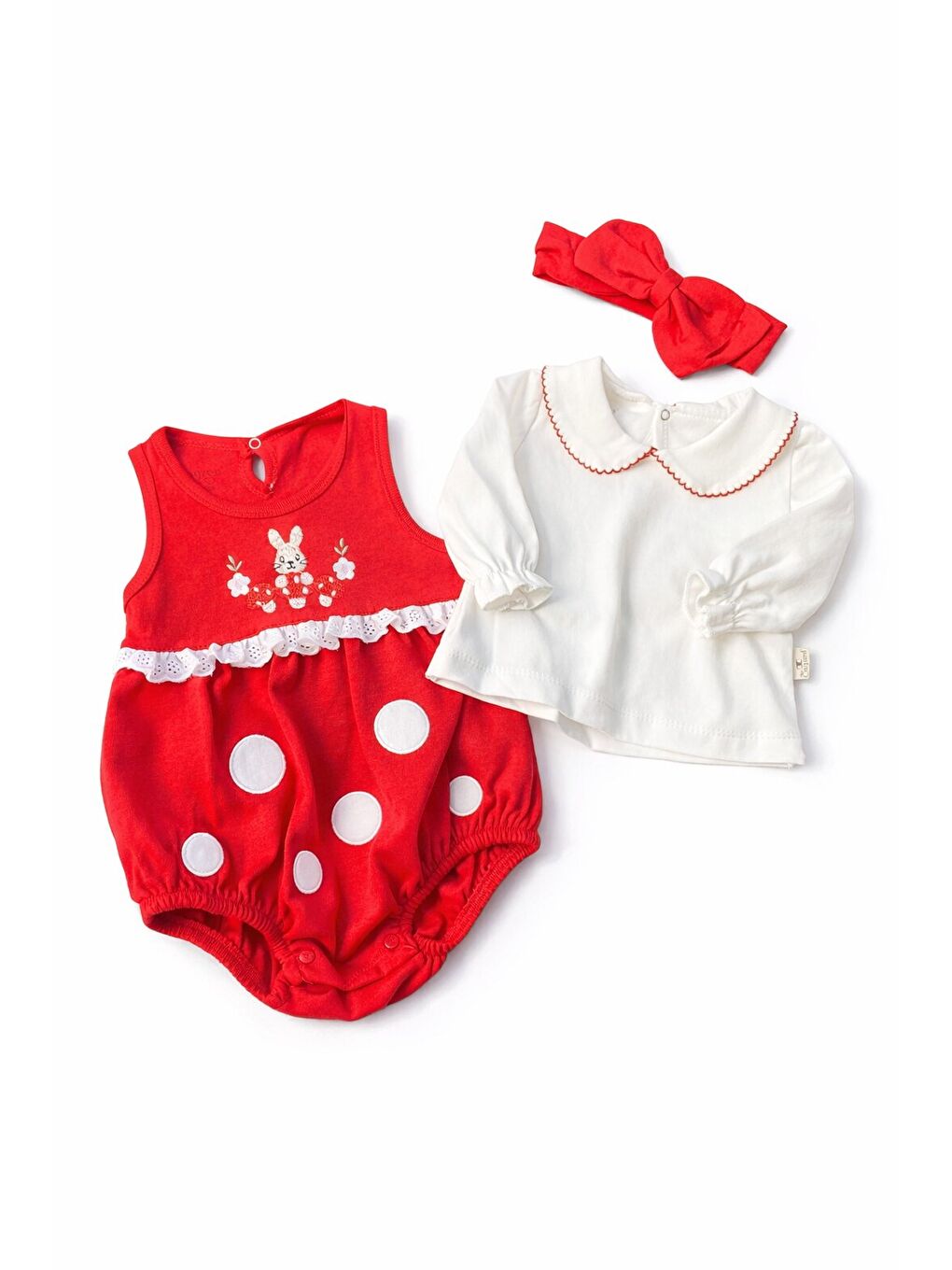 Kırmızı Kız Bebek Tavşanlı Dantelli 3lü Romper Elbise Takımı Saç Bandı Dahil-1