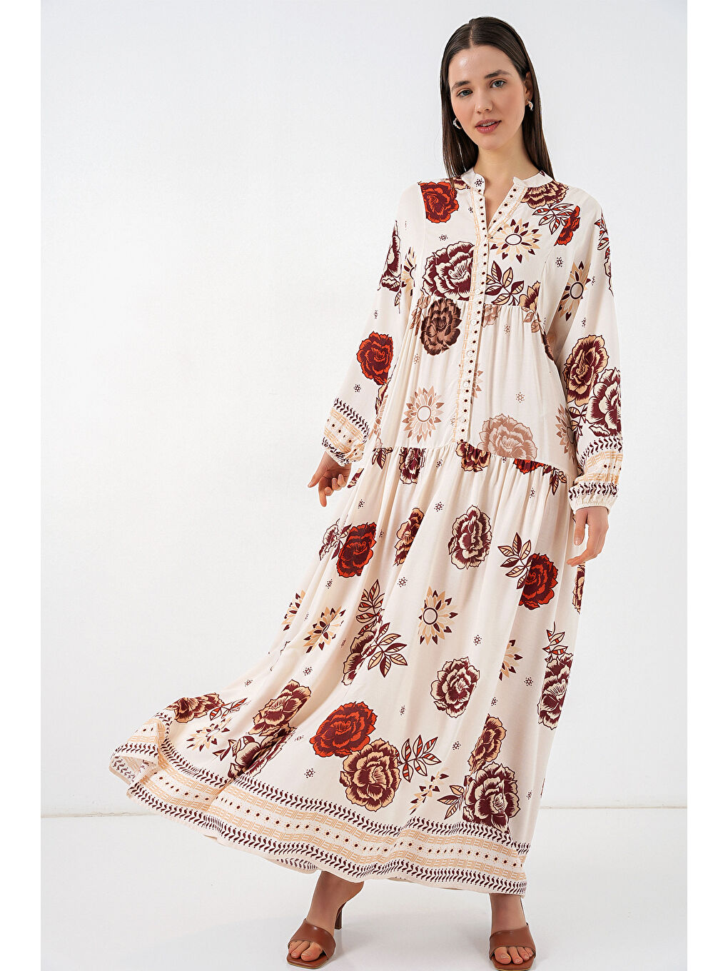 Kadın Desenli Uzun Tesettür Elbise 2585 - Z.Bej-2