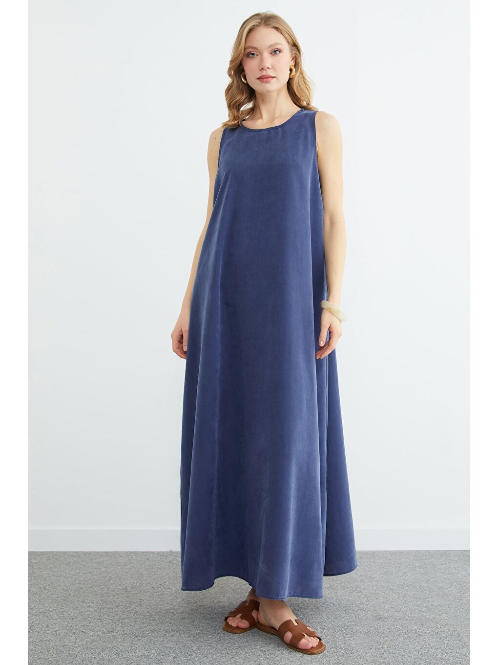 Lacivert Fermuarlı Salaş Maxi Boy Elbise