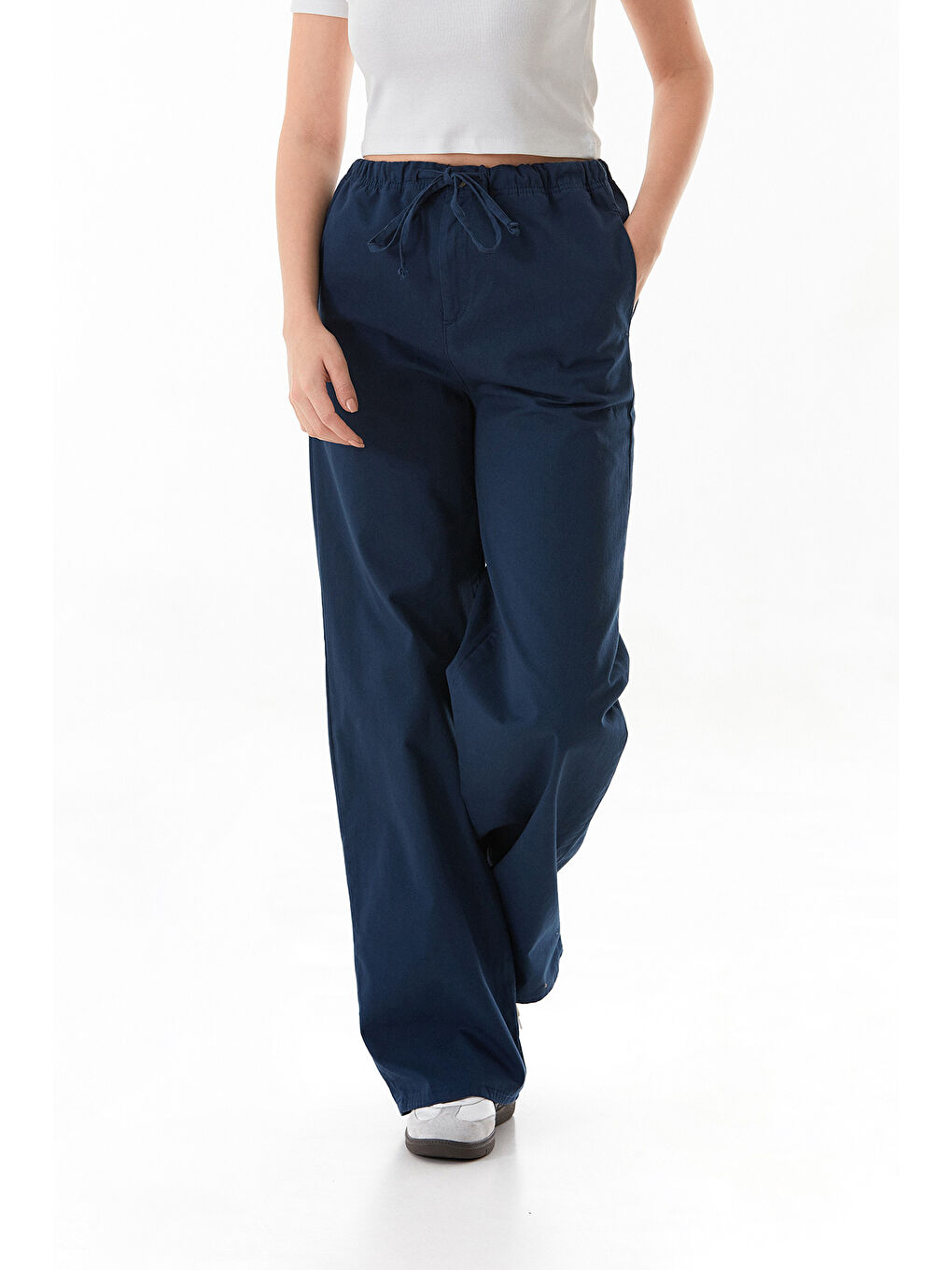 Lacivert Beli Lastikli Cepli Gabardin Palazzo Pantolon-2