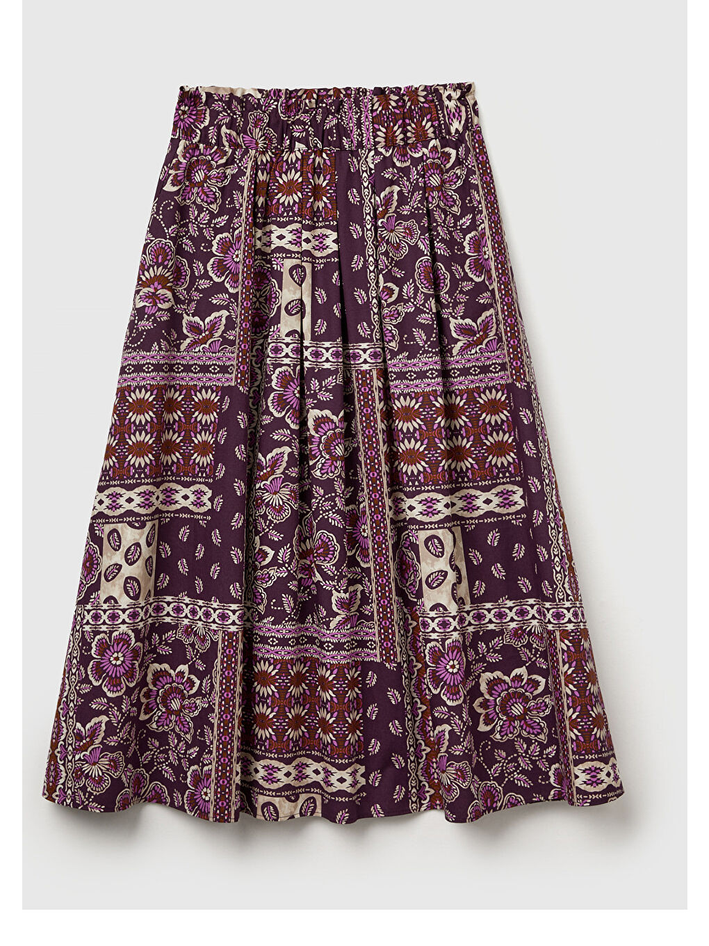 Kadın Bordo %100 Pamuk Desenli Beli Lastikli Cepli Poplin Etek-1