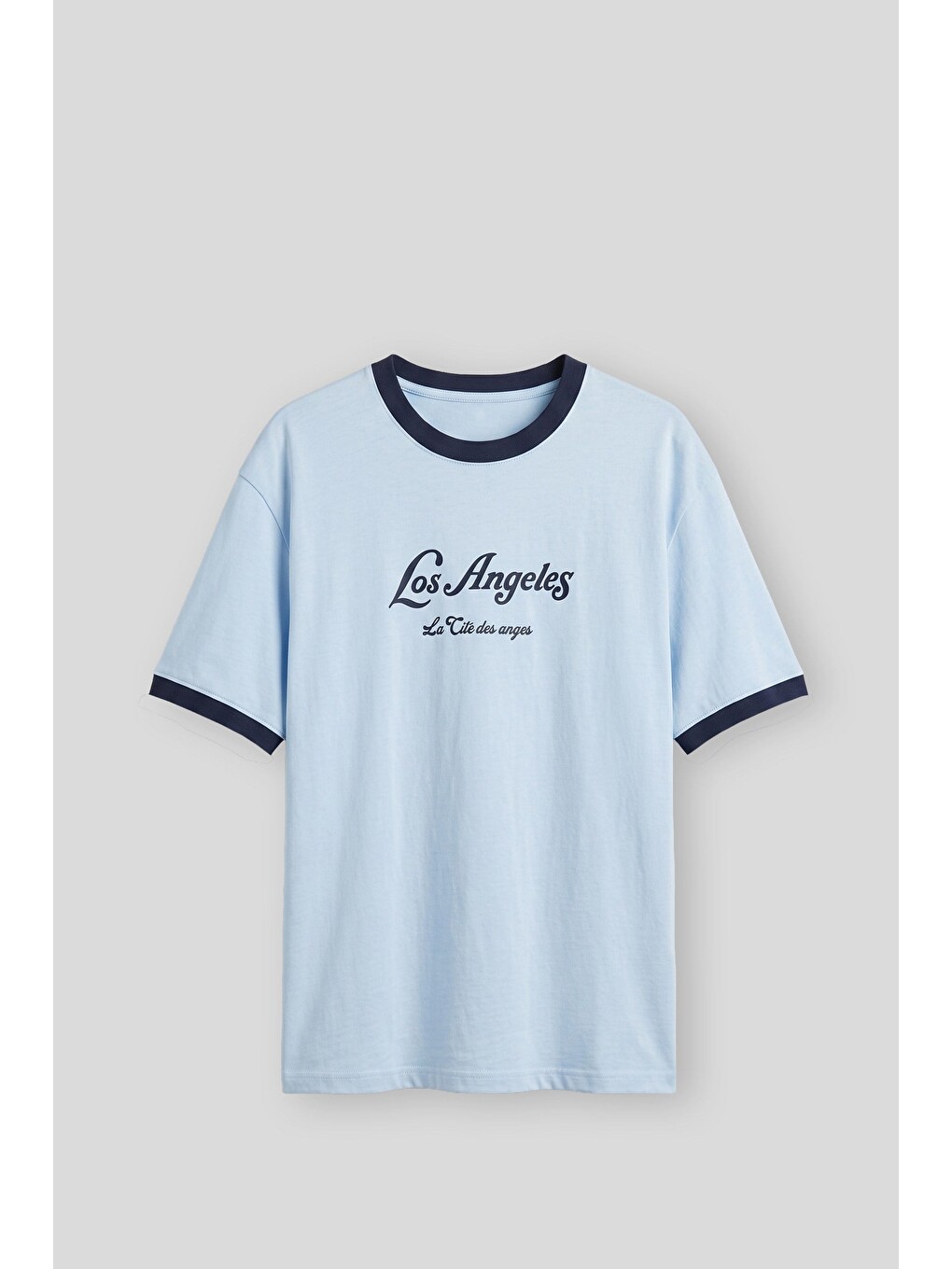 Erkek Süper Oversize La Baskılı Kontrast Yaka T-shirt Bebek Mavi